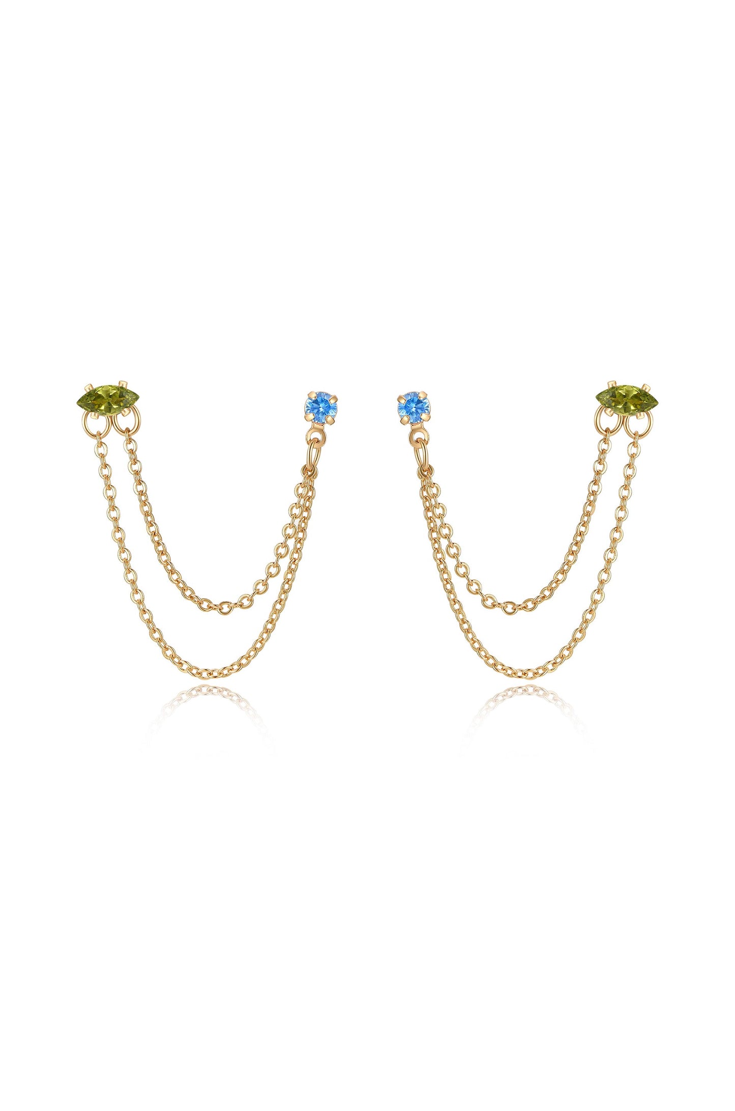 Double Piercing Chain Dangle Earrings in saphire and peridot front