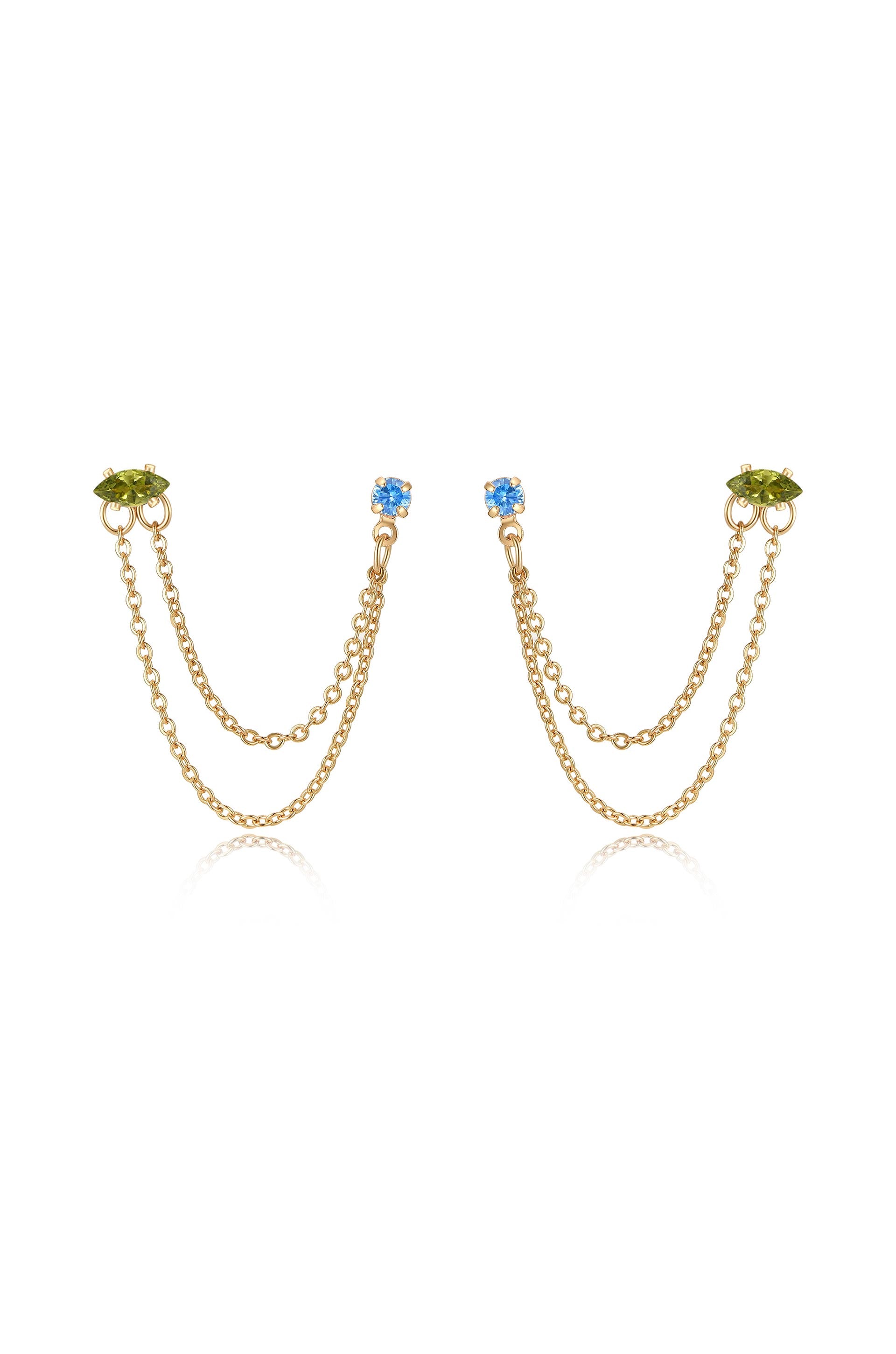 Double Piercing Chain Dangle Earrings in saphire and peridot front