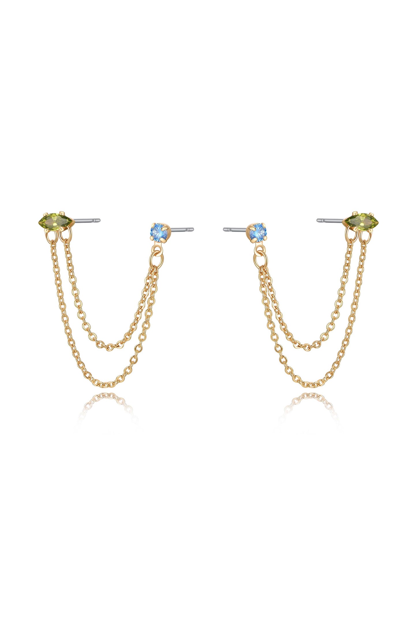 Double Piercing Chain Dangle Earrings in saphire and peridot side
