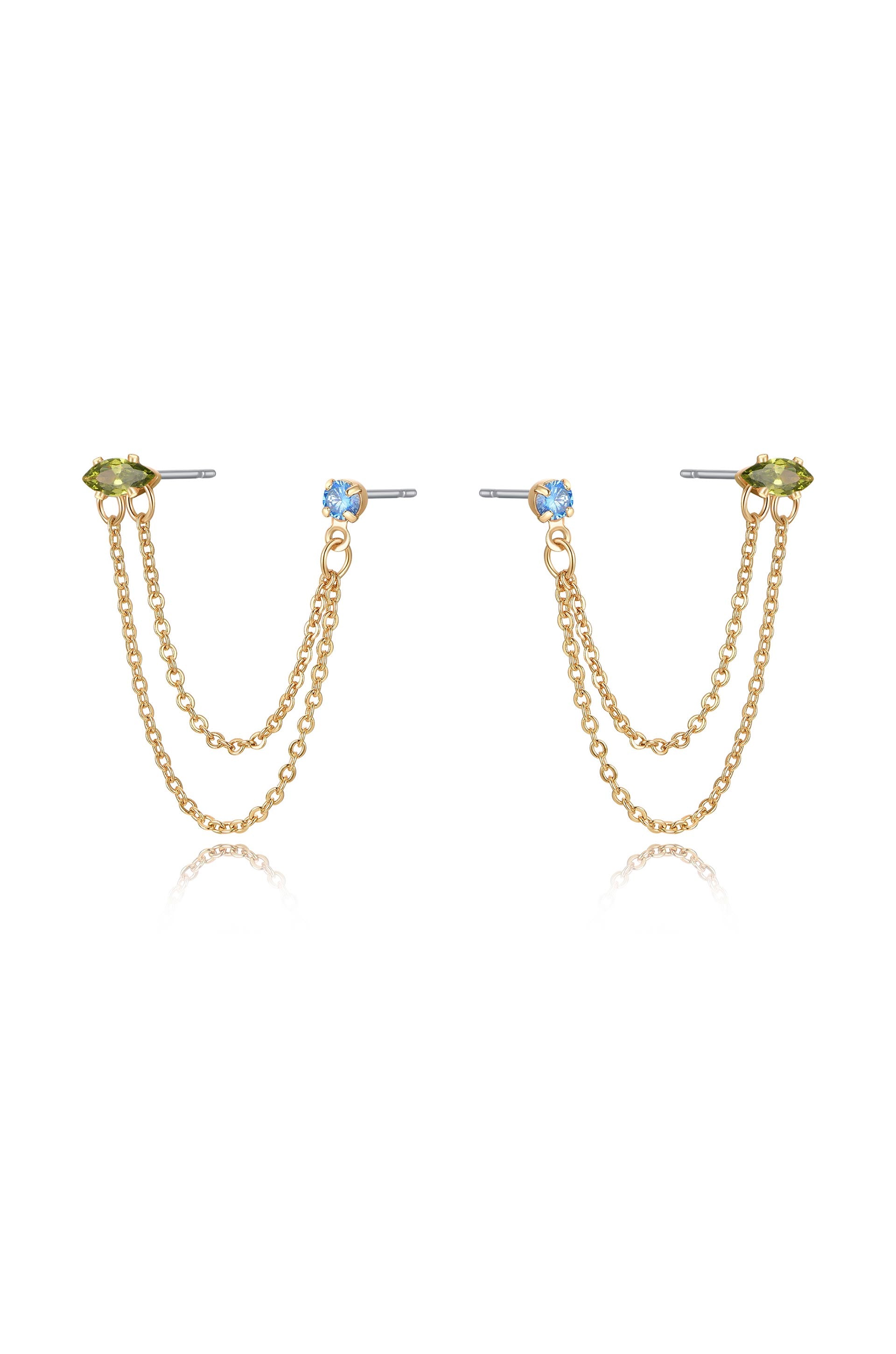 Double Piercing Chain Dangle Earrings in saphire and peridot side