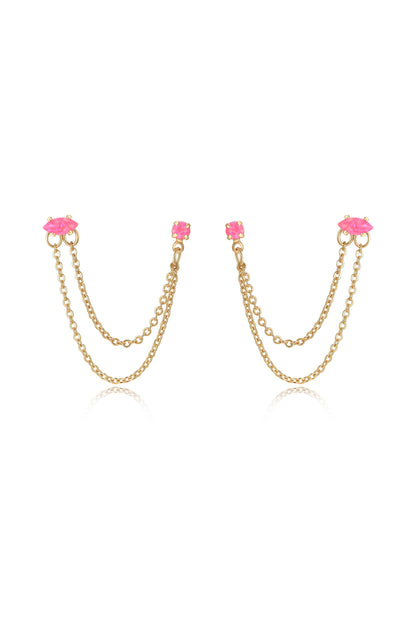 Double Piercing Chain Dangle Earrings in pink opal front