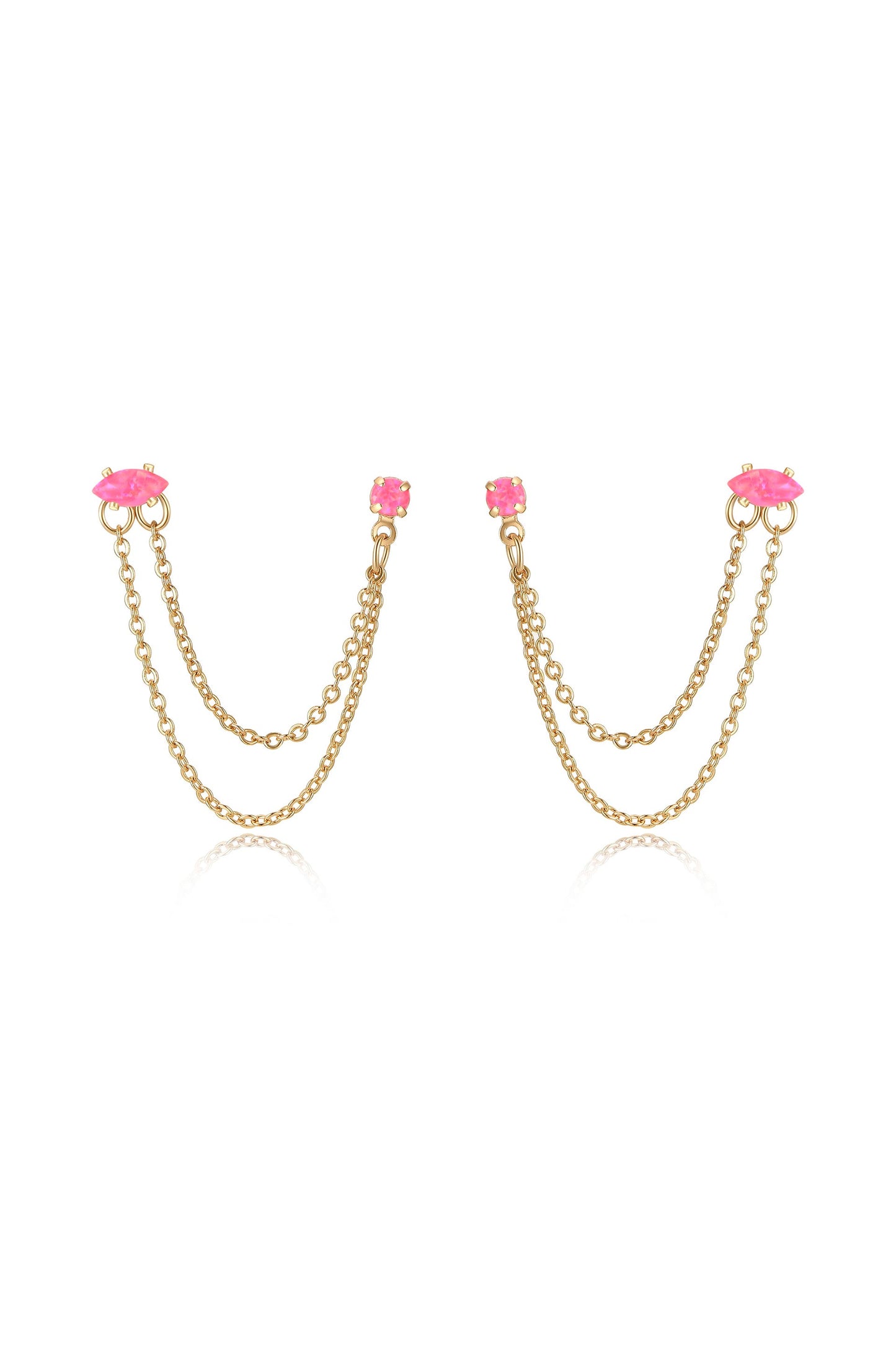 Double Piercing Chain Dangle Earrings in pink opal front