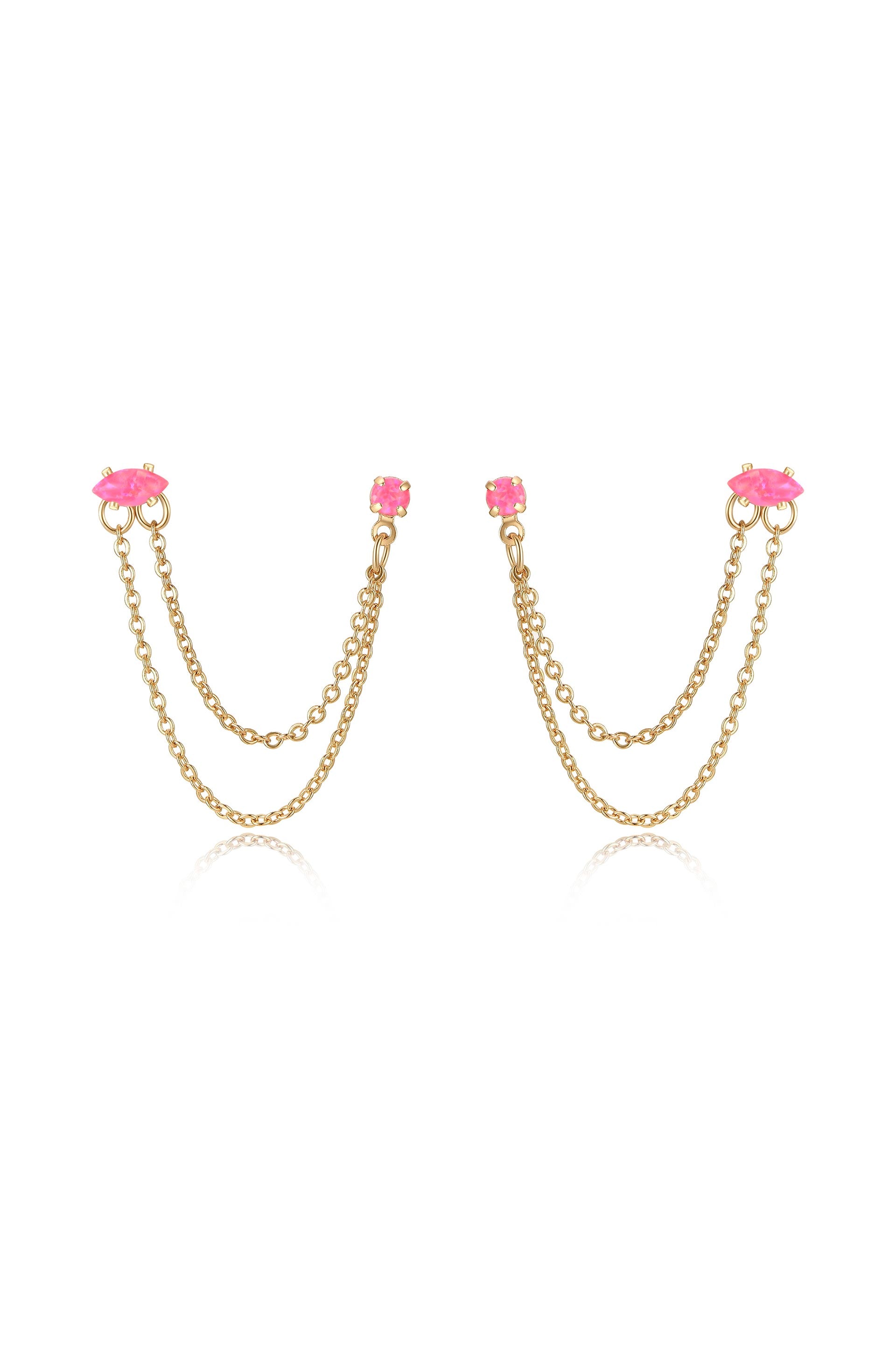 Double Piercing Chain Dangle Earrings in pink opal front