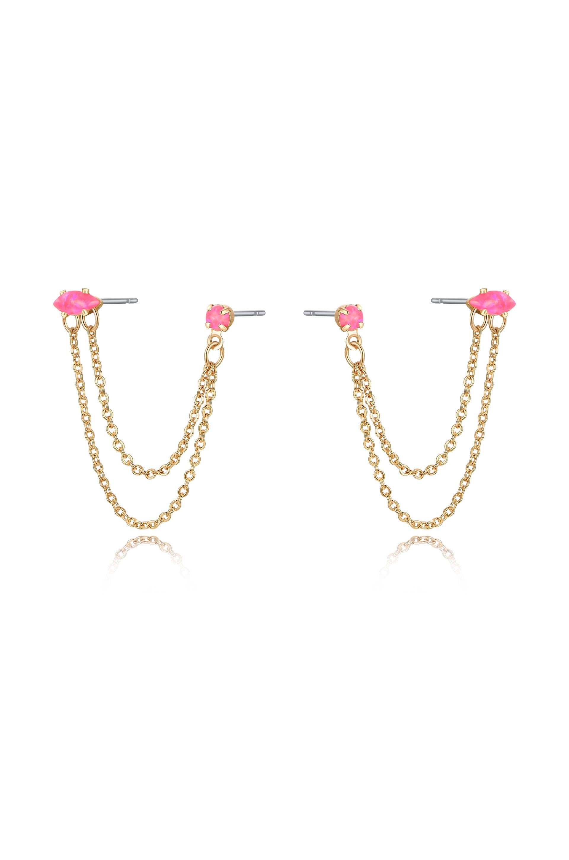 Double Piercing Chain Dangle Earrings in pink opal side