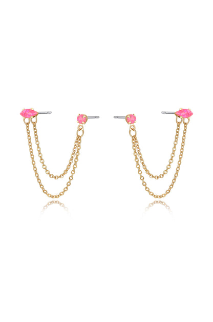 Double Piercing Chain Dangle Earrings in pink opal side