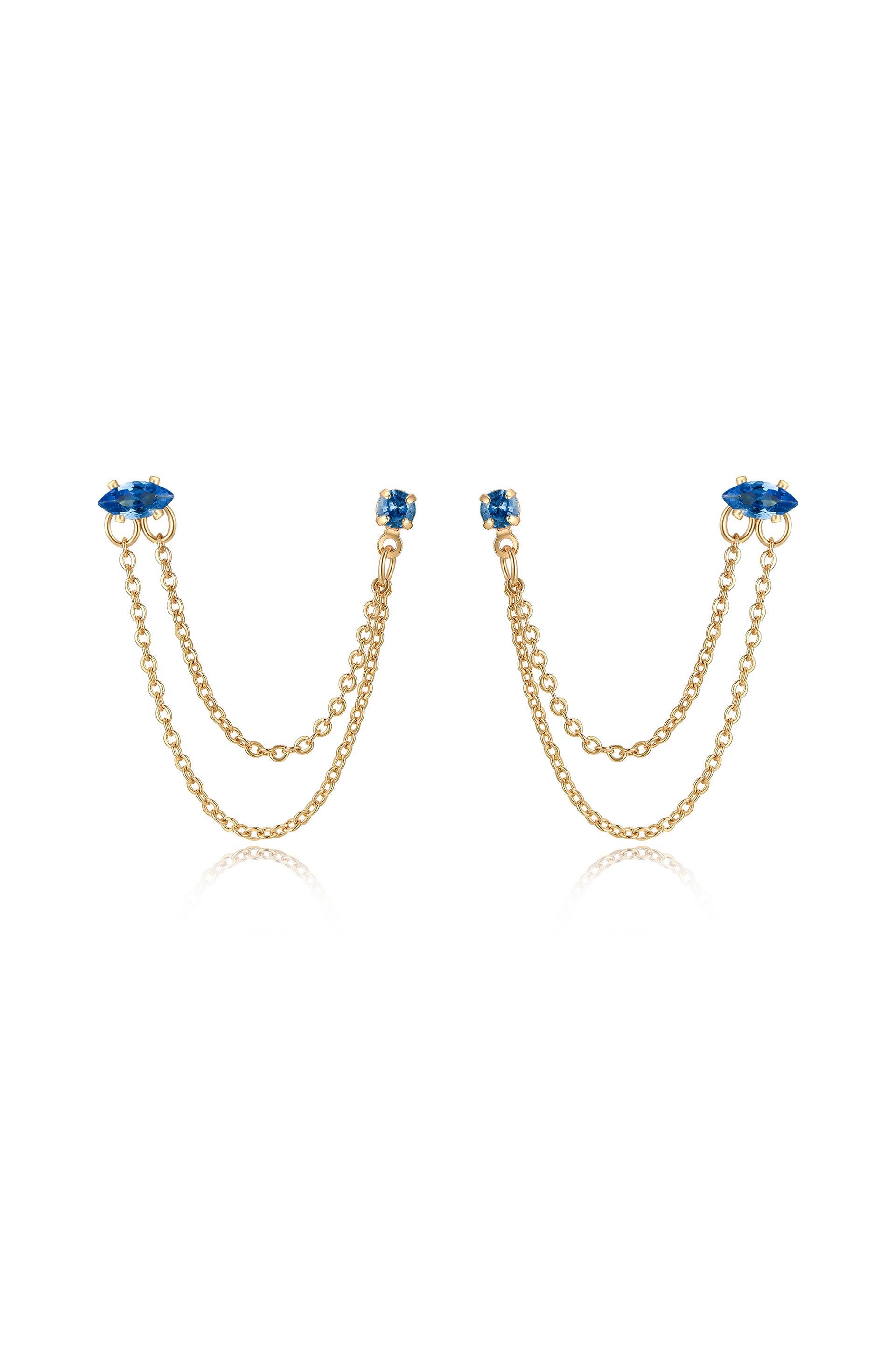 Double Piercing Chain Dangle Earrings in saphire front