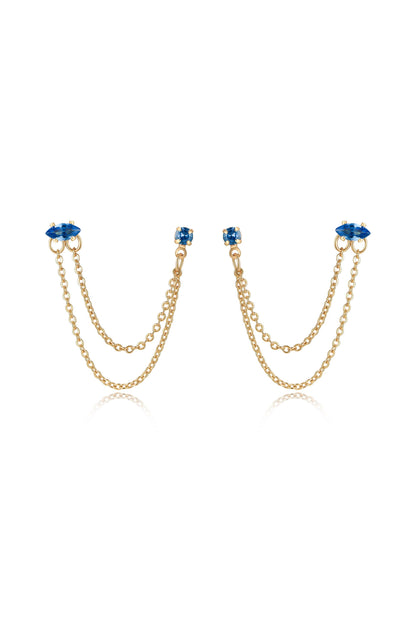 Double Piercing Chain Dangle Earrings in saphire front