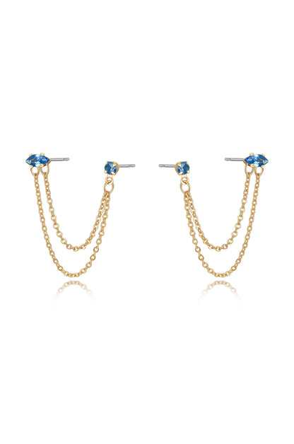Double Piercing Chain Dangle Earrings in saphire side