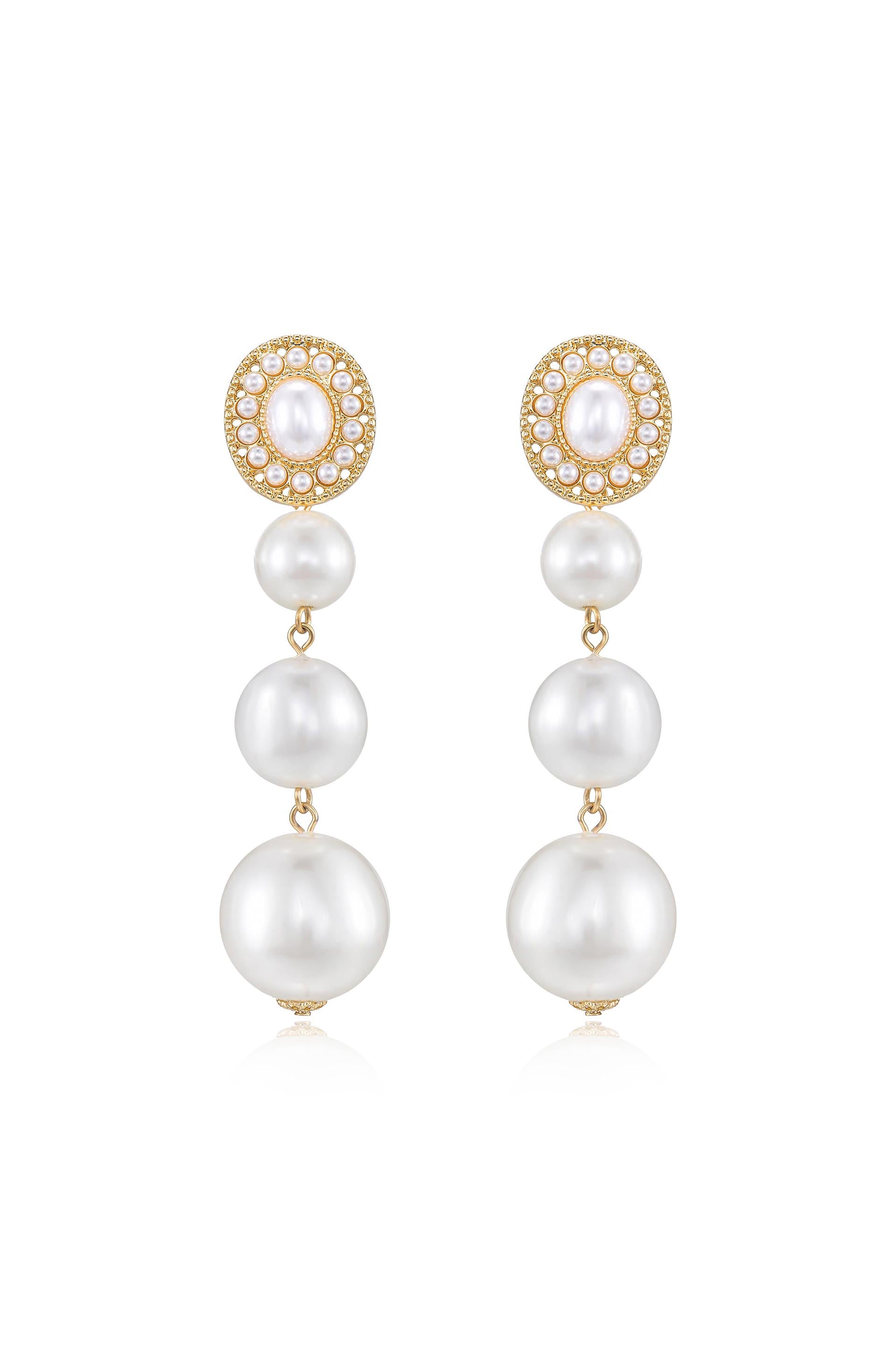 Graduating Pearl 18k Gold Plated Dangle Earrings on white