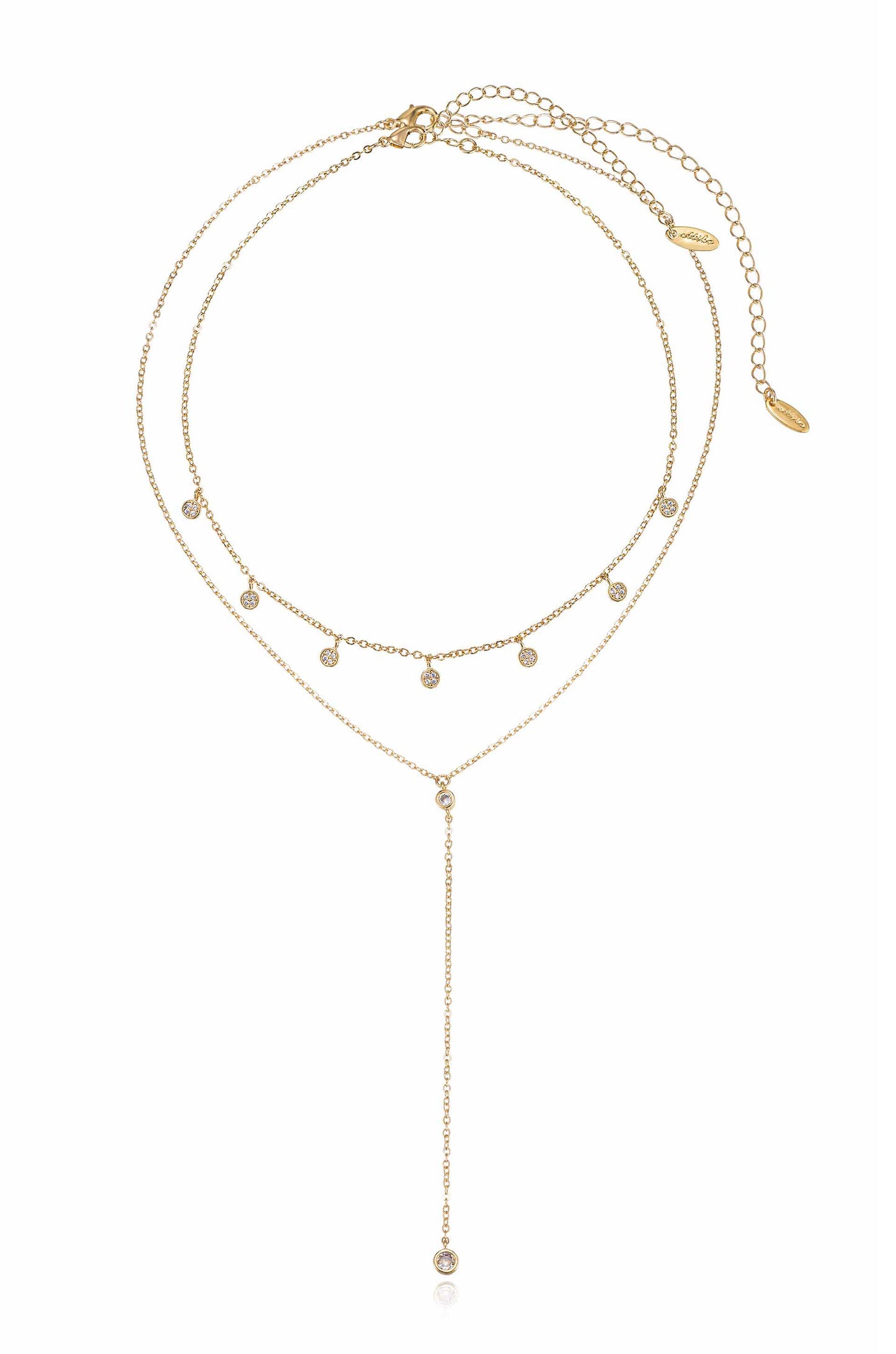 Simplistic Crystal Layered 18k Gold Plated Lariat Necklace Set on white full