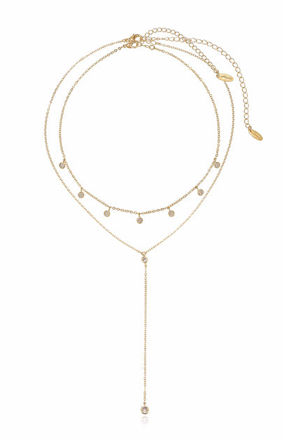 Simplistic Crystal Layered 18k Gold Plated Lariat Necklace Set on white full