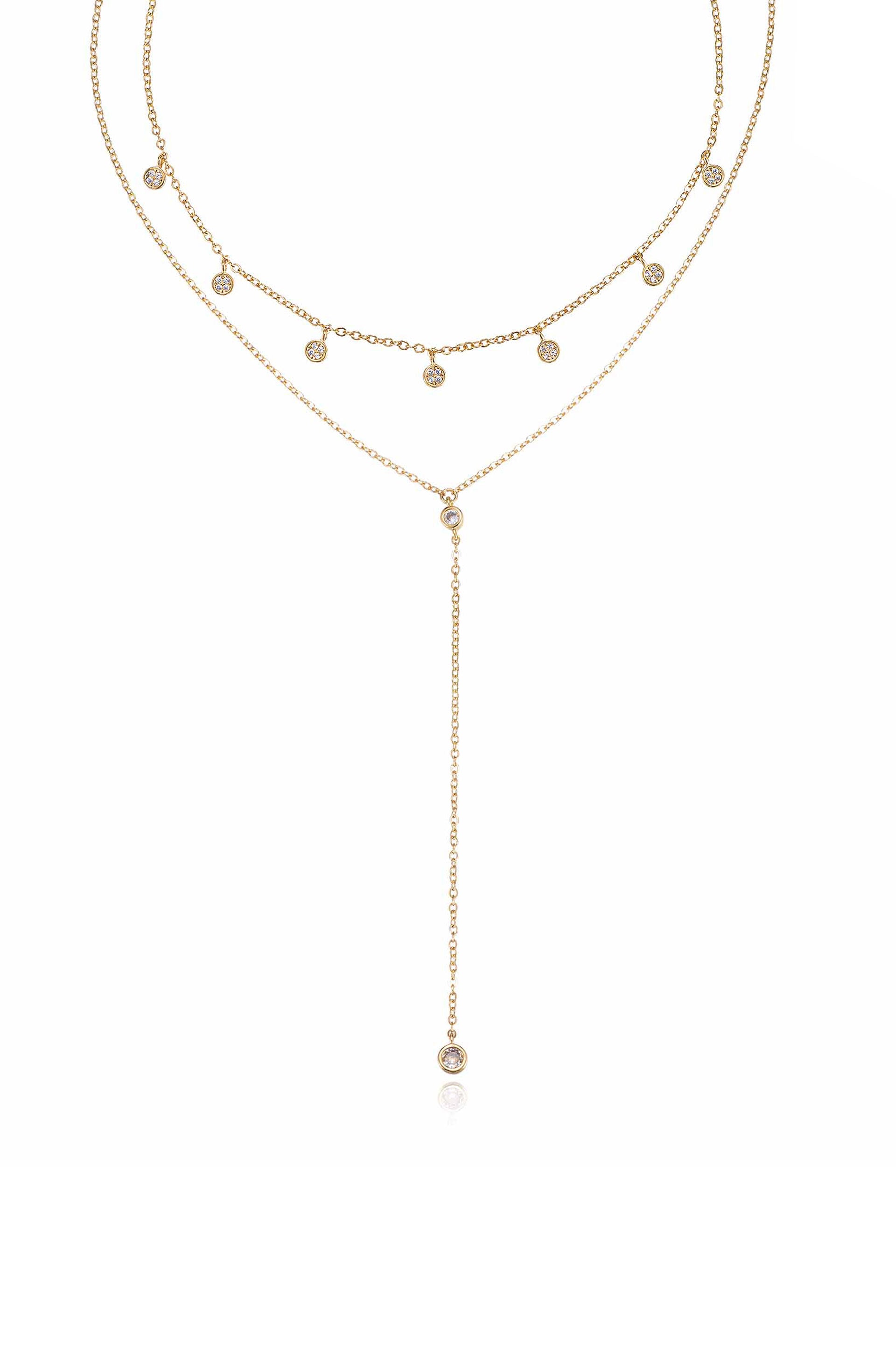 Simplistic Crystal Layered 18k Gold Plated Lariat Necklace Set on white