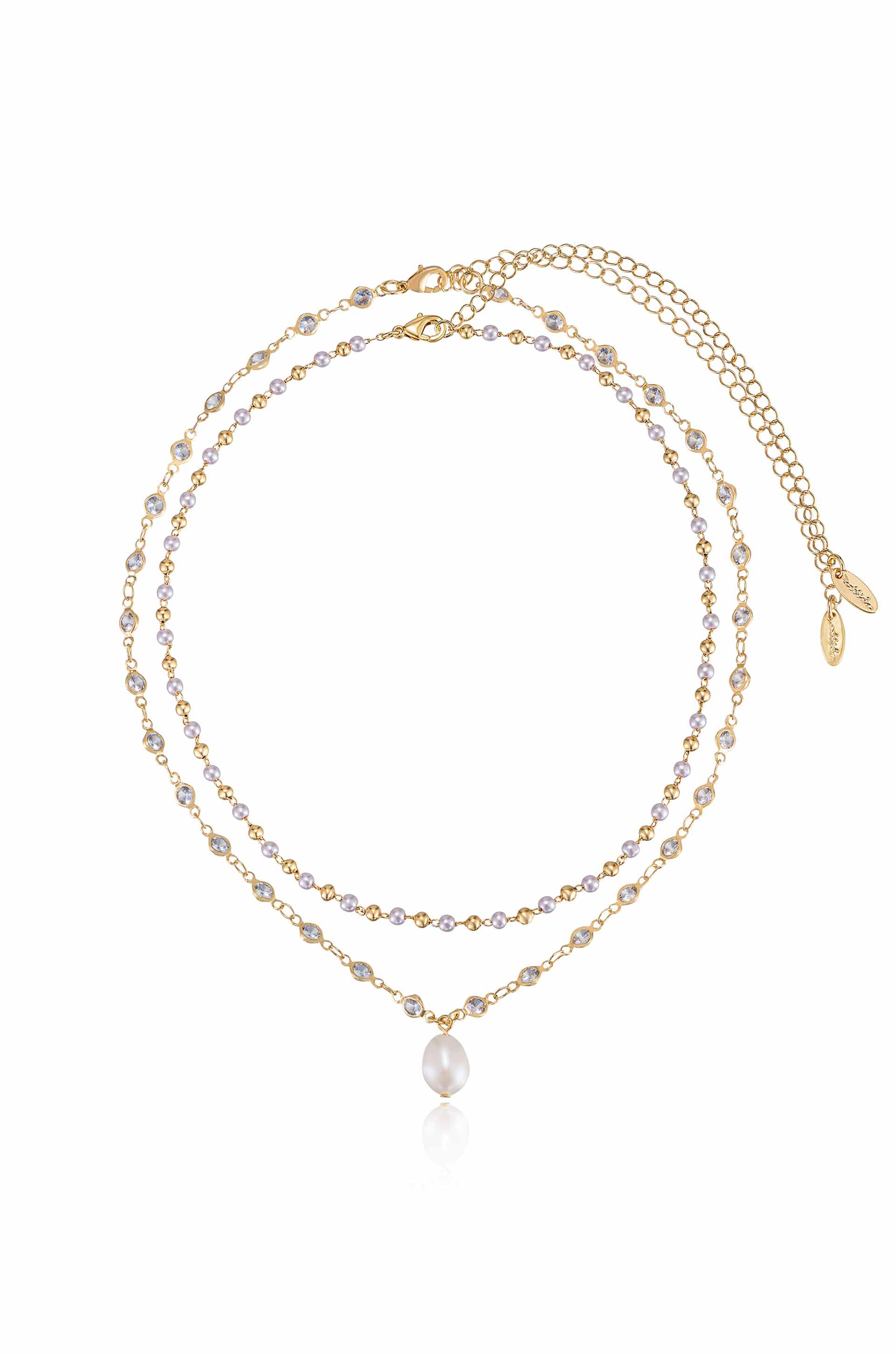 Crystal Spark and 18k Gold Plated Ball Chain Necklace Set on white