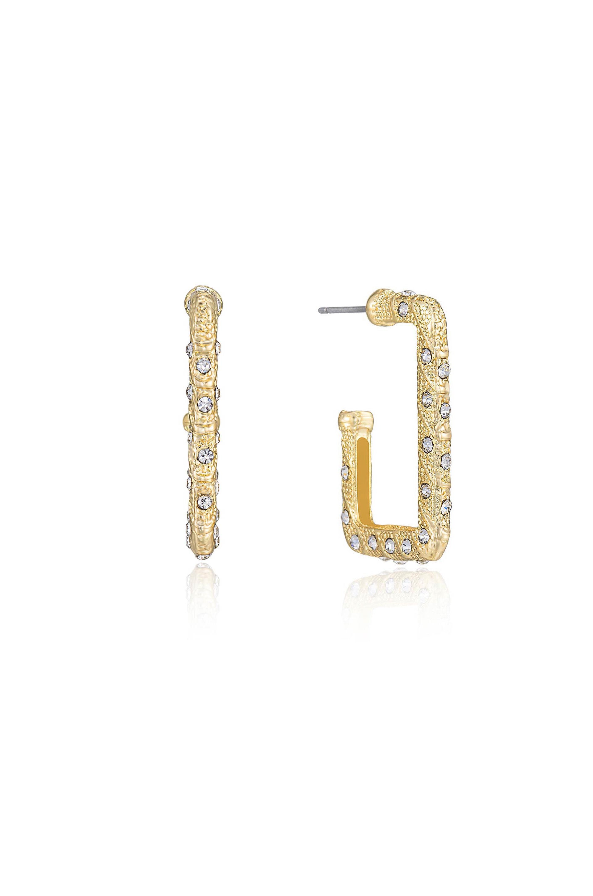 Crystal Studded 18k Gold Plated Rectangle Earrings on white