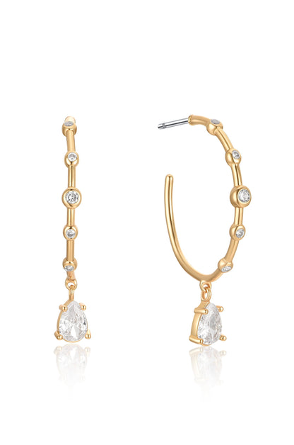 Delicate Crystal Charm 18k Gold Plated Hoop Earrings on white