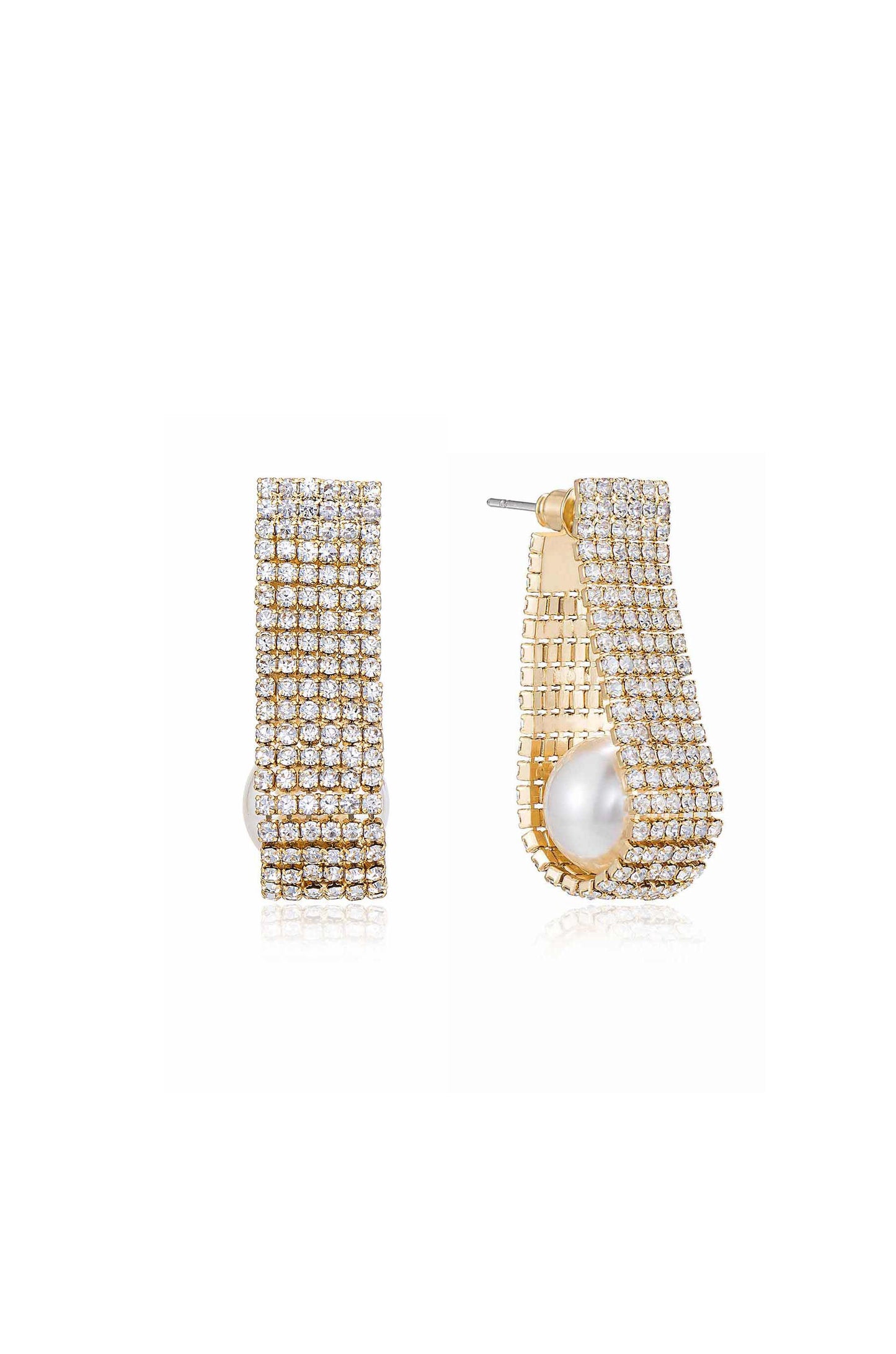 Swaddled Pearl Crystal Teardrop 18k Gold Plated Earrings on white