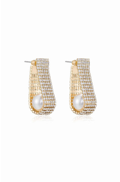 Swaddled Pearl Crystal Teardrop 18k Gold Plated Earrings on white side