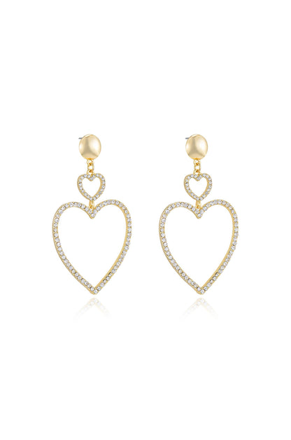 Double Heart Crystal Drop 18k Gold Plated Earrings on white side view