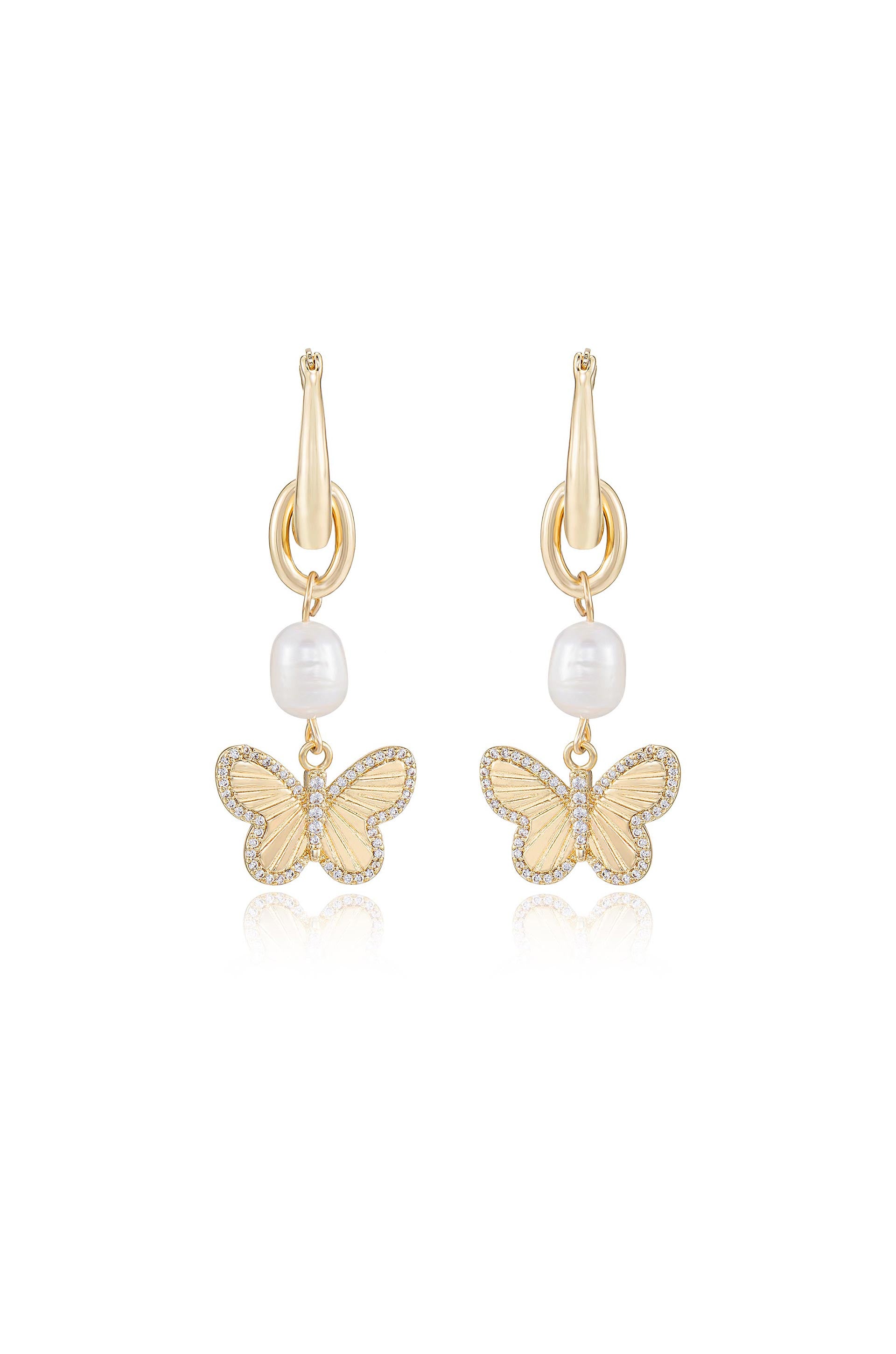 Butterfly High Pearl 18k Gold Plated Drop Earrings