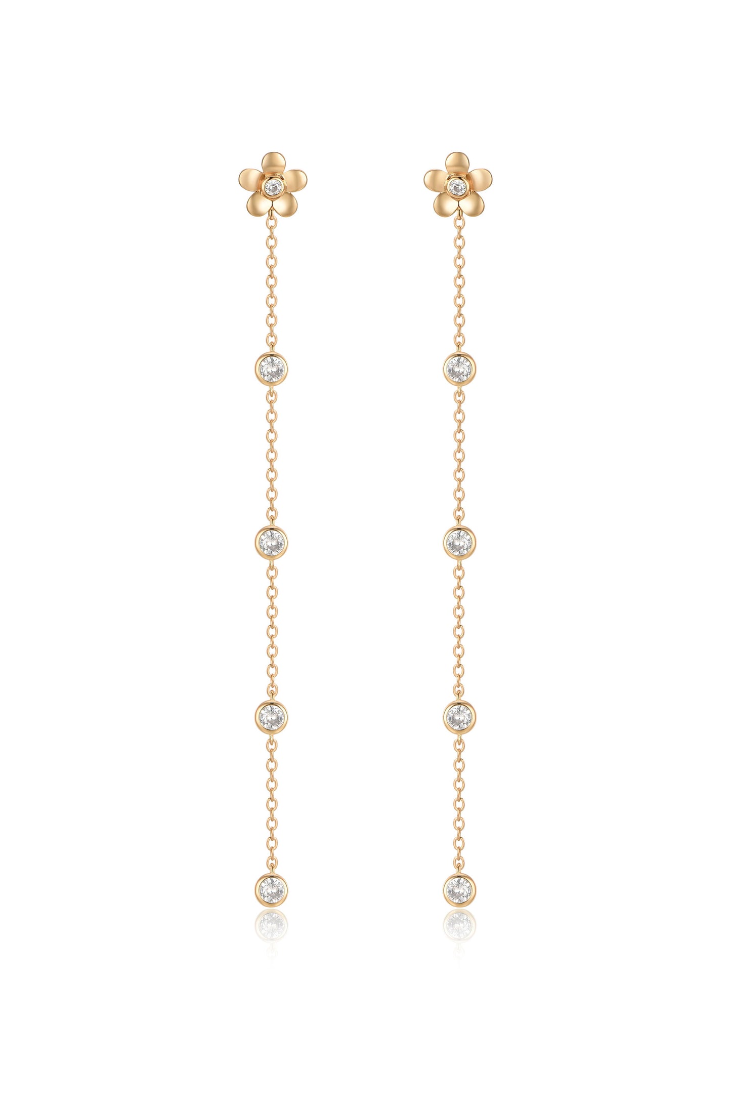 Single Flower Linear Dangle 18k Gold Plated Earrings on white
