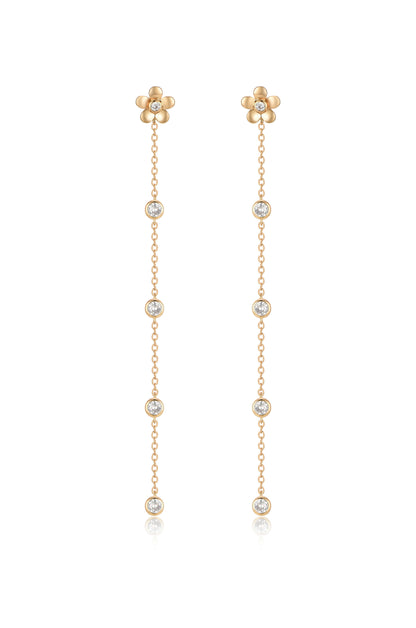 Single Flower Linear Dangle 18k Gold Plated Earrings on white