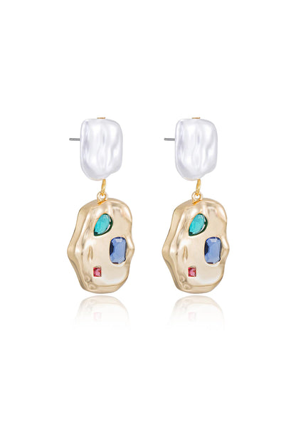 Rainbow Crystal Nugget & Pearl 18k Gold Plated Earrings side