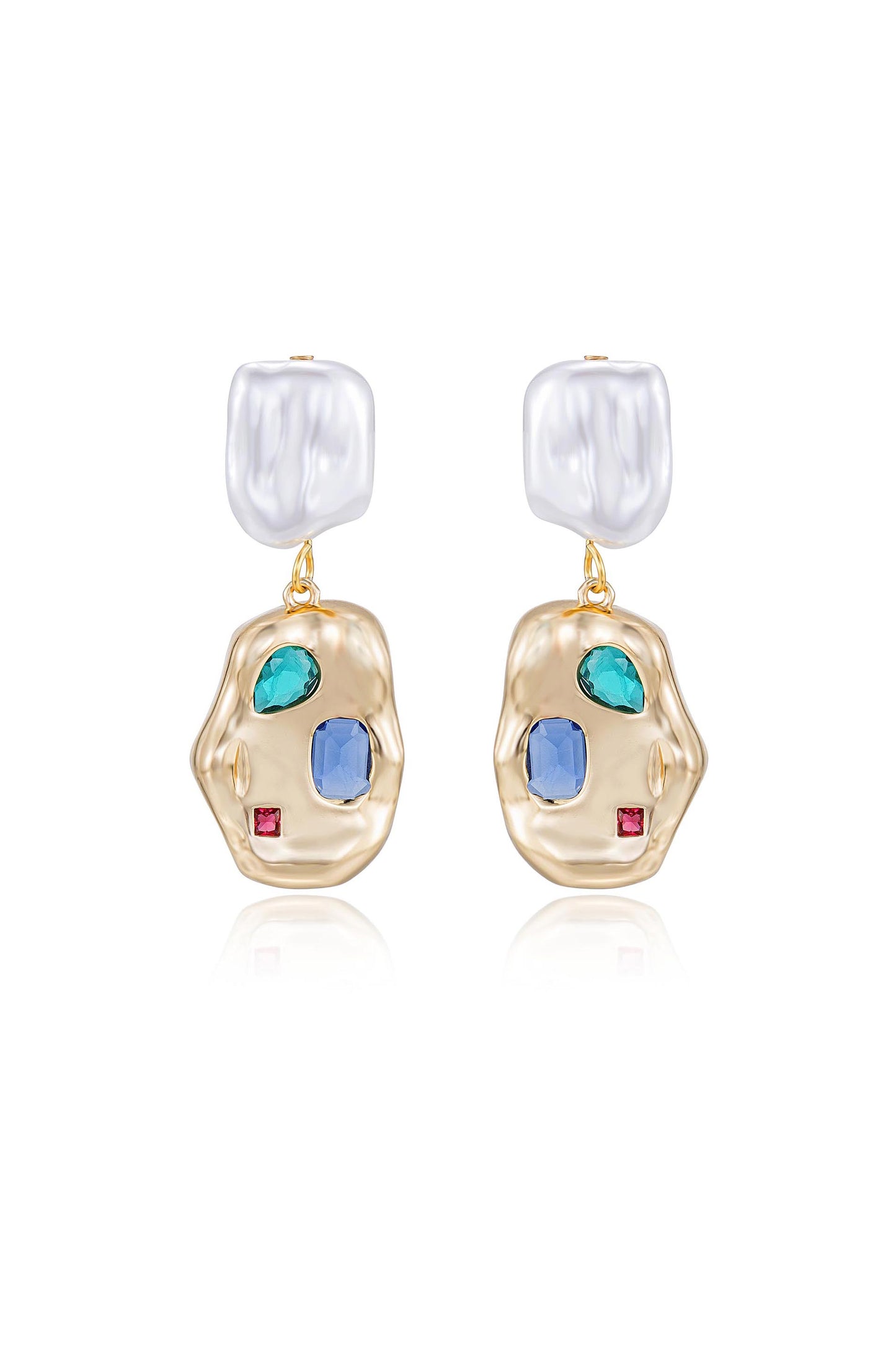 Rainbow Crystal Nugget & Pearl 18k Gold Plated Earrings