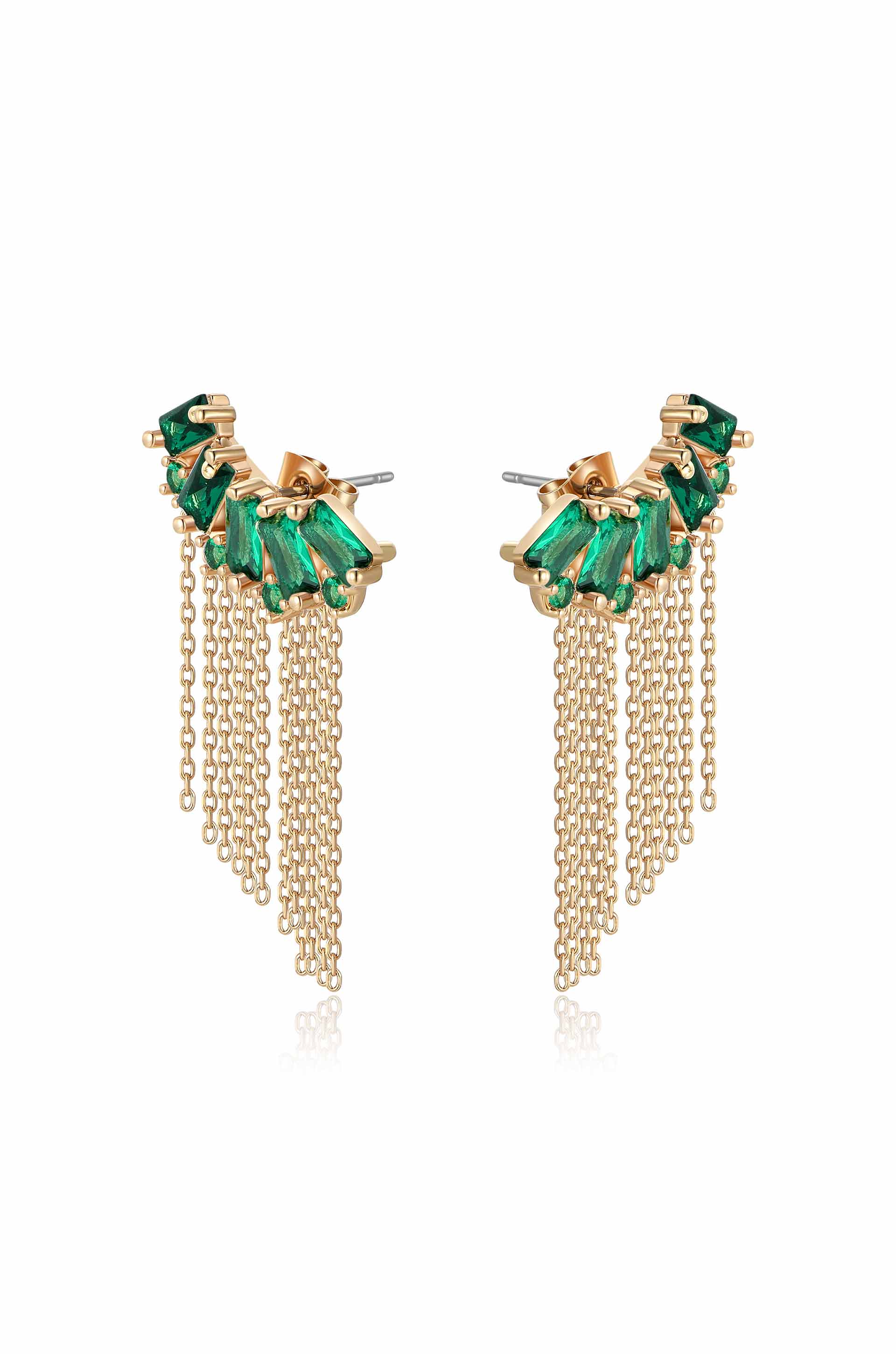 Baguette Crystal Three-In-One 18k Gold Plated Ear Crawlers in green side