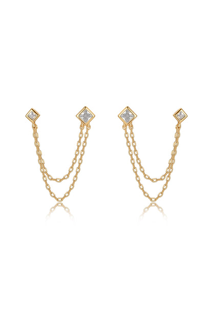 Double Piercing Diamond Shape 18k Gold Plated Earrings
