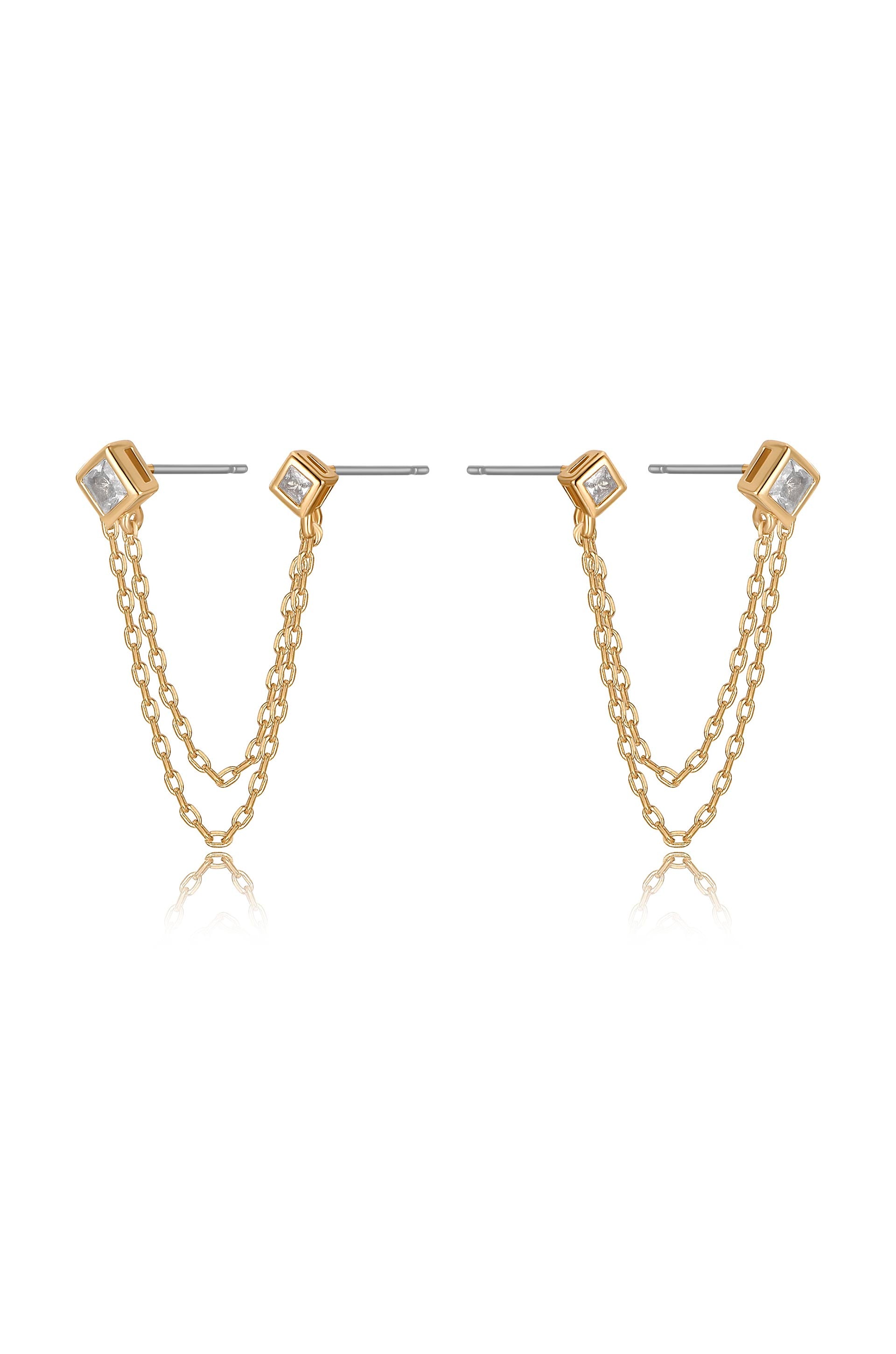 Double Piercing Diamond Shape 18k Gold Plated Earrings side