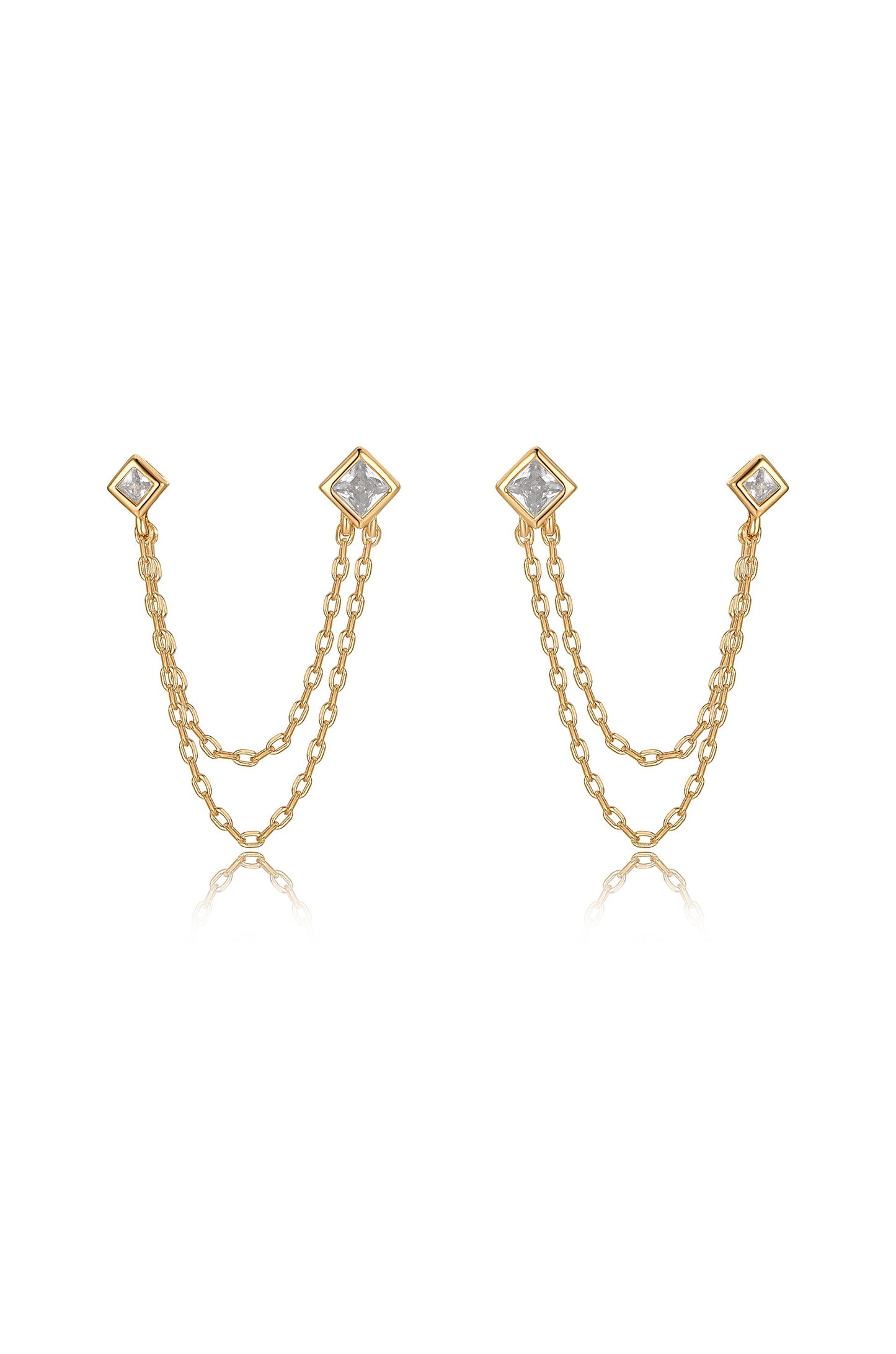 Double Piercing Diamond Shape 18k Gold Plated Earrings