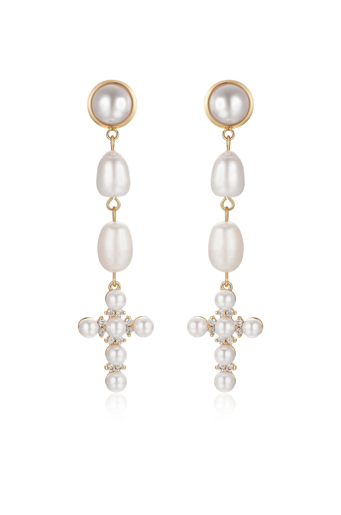 Pearl Cross 18k Gold Plated Drop Earrings
