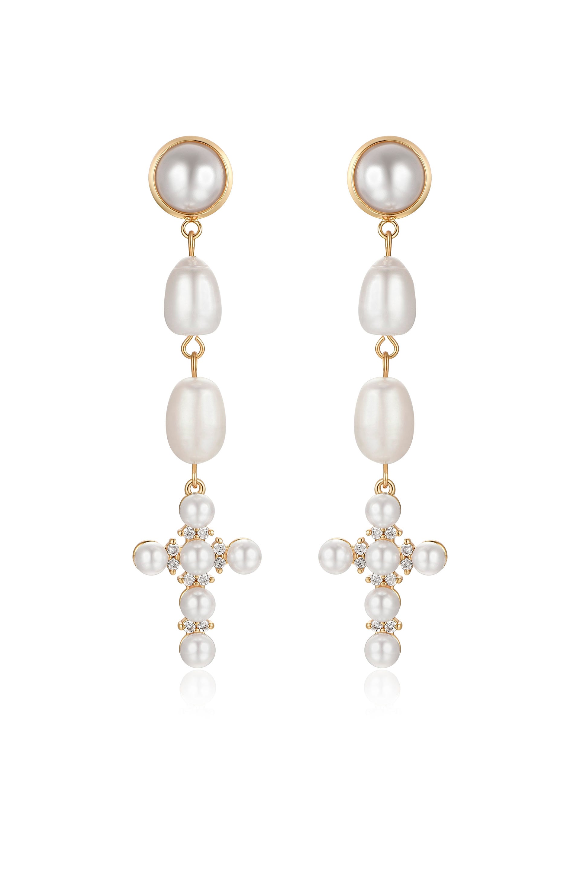 Pearl Cross 18k Gold Plated Drop Earrings
