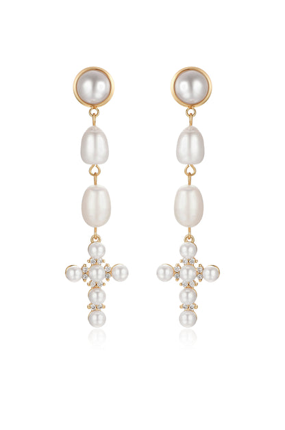 Pearl Cross 18k Gold Plated Drop Earrings
