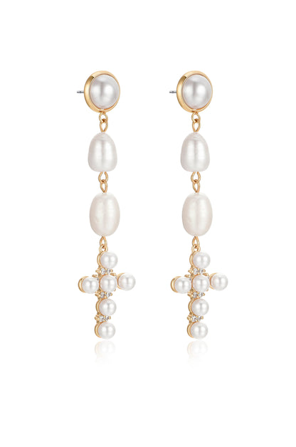 Pearl Cross 18k Gold Plated Drop Earrings side