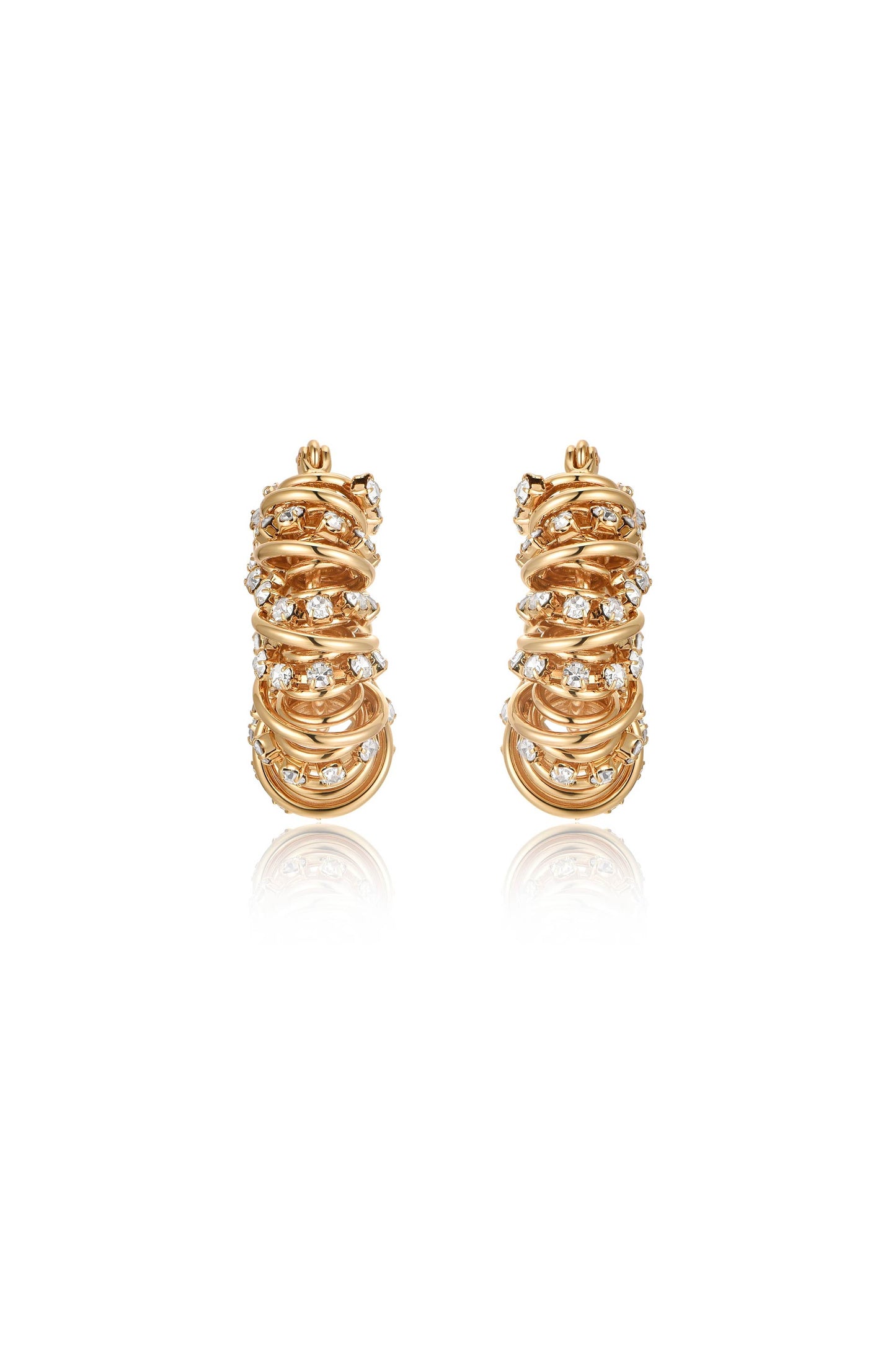Swirling Crystal Cluster 18k Gold Plated Hoop Earrings front