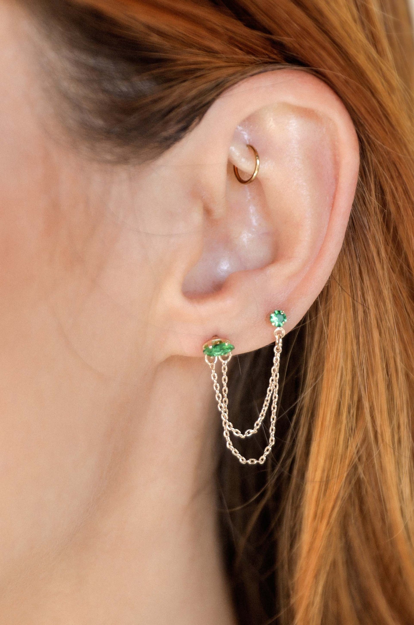 Double Piercing Chain Dangle Earrings apple green on model