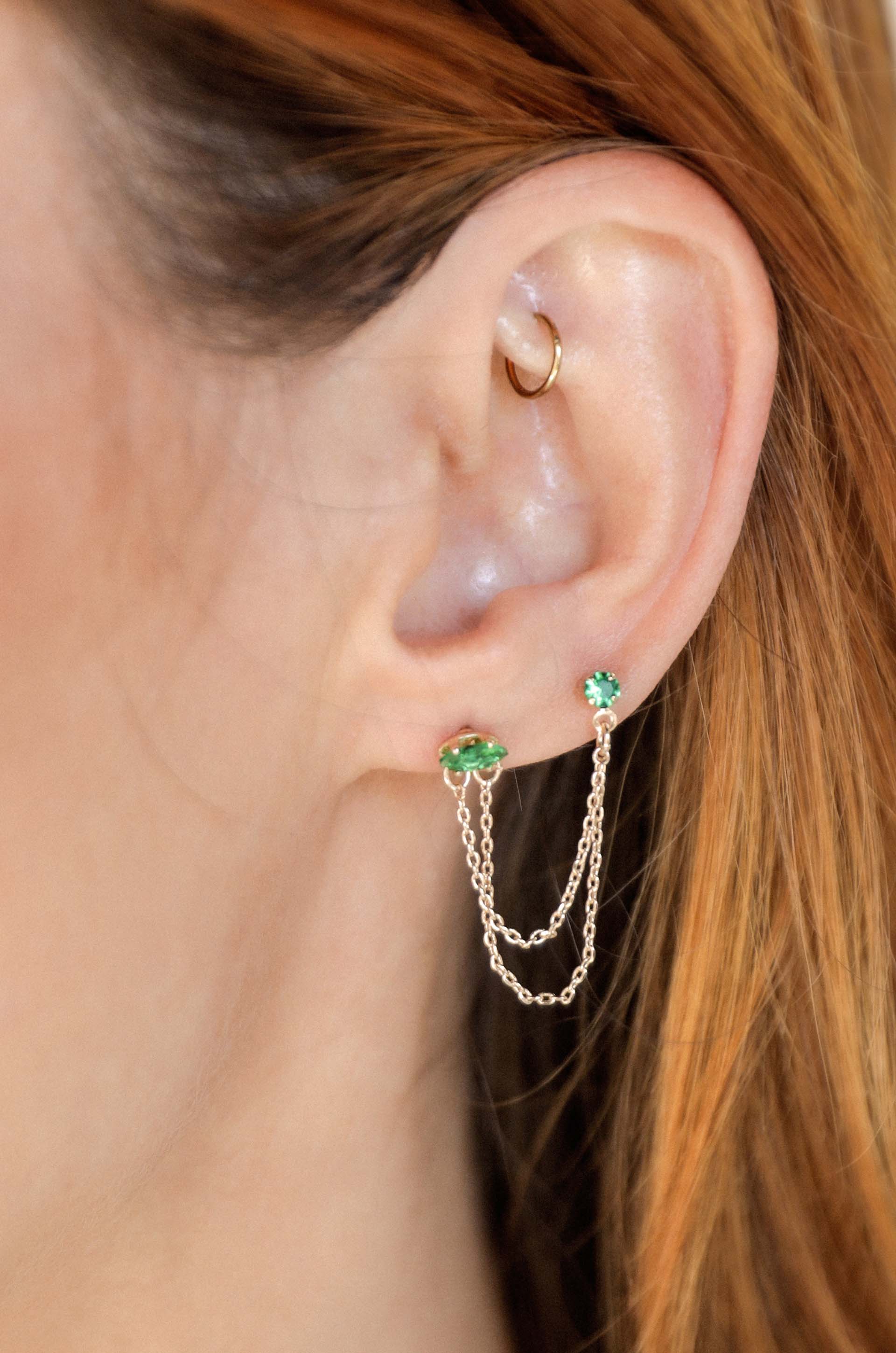 Double Piercing Chain Dangle Earrings apple green on model