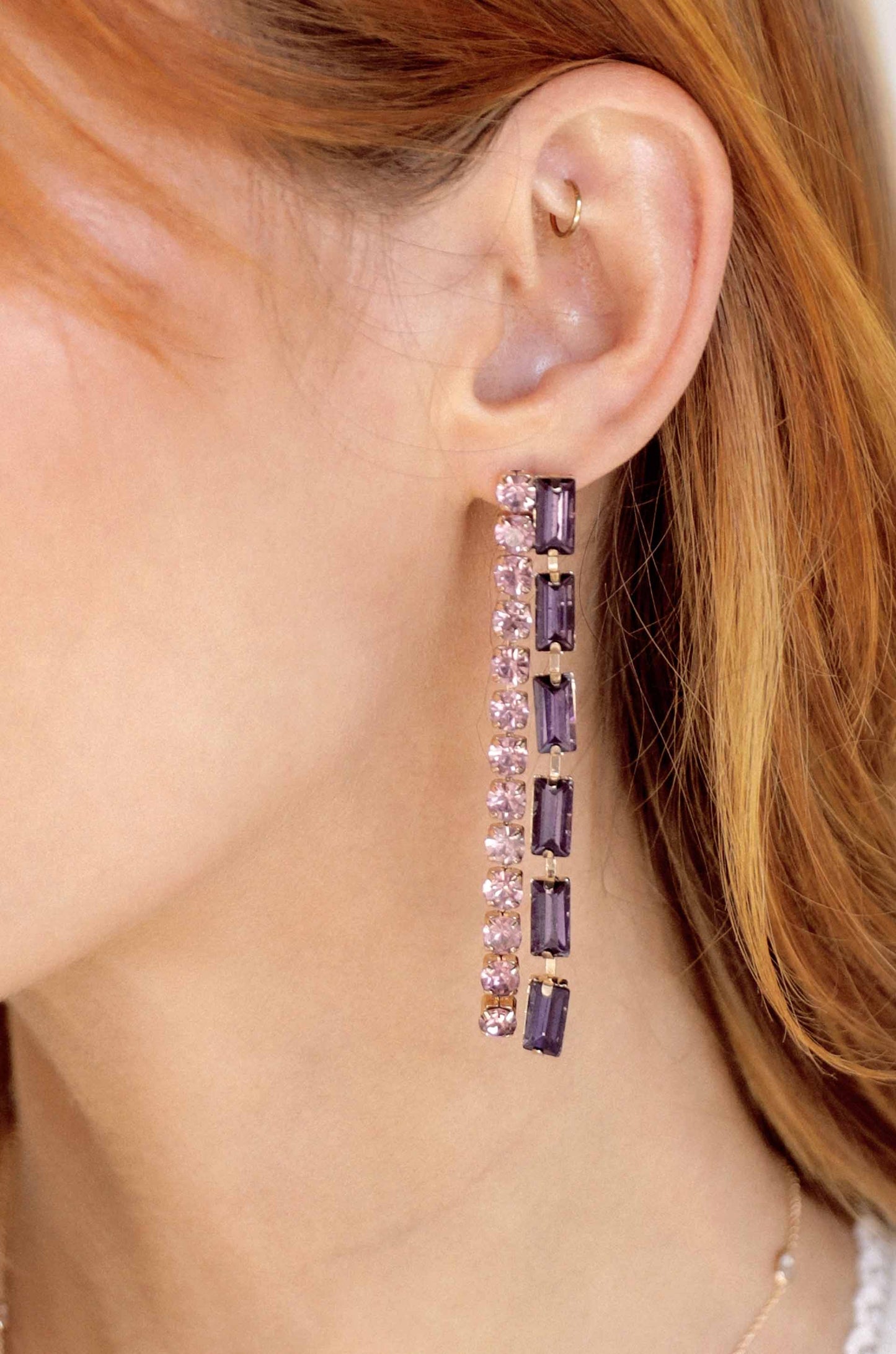 Date Night Crystal Drop 18k Gold Plated Earrings in purple on model