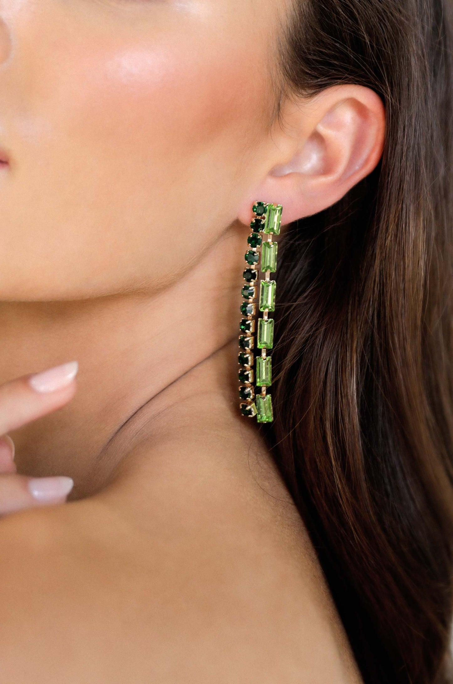 Date Night Crystal Drop 18k Gold Plated Earrings in green on model