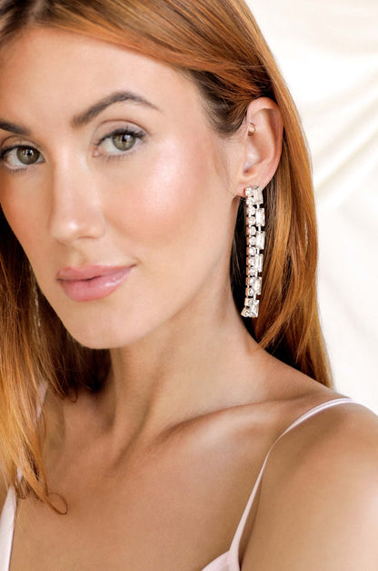 Date Night Crystal Drop 18k Gold Plated Earrings in clear on model