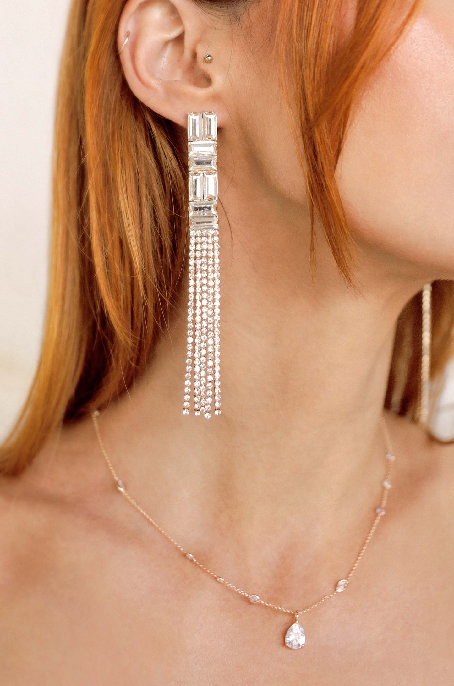 Art Deco Crystal Chain Earrings on model