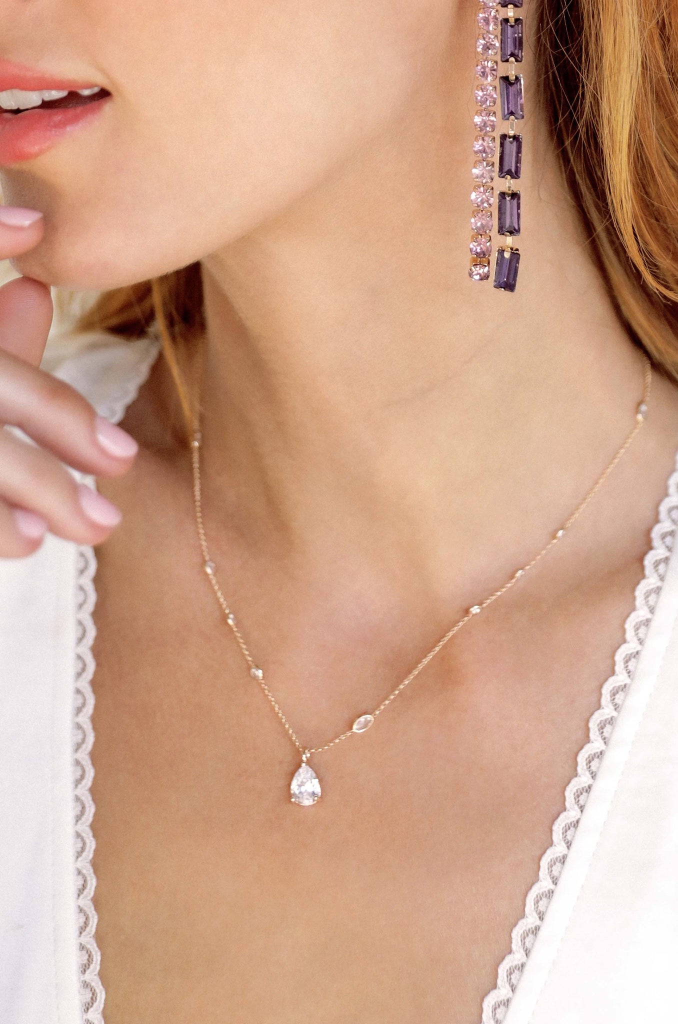 Delicate Crystal Pendant 18 Gold Plated Necklace on model