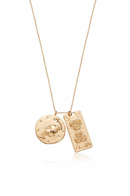 Zodiac Double Medallion 18k Gold Plated Necklace aquarius close up
