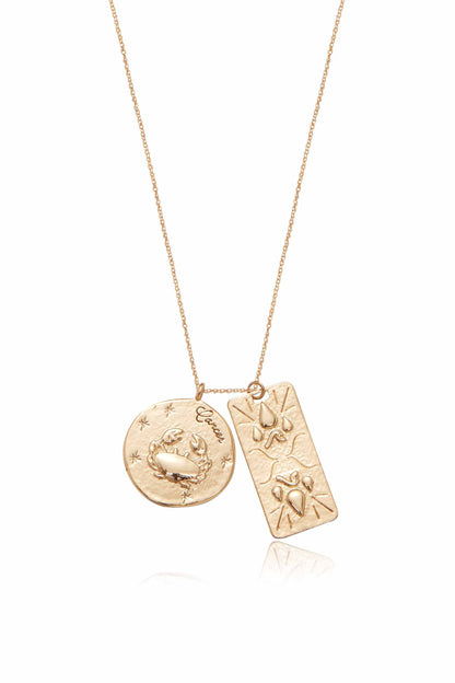Zodiac Double Medallion 18k Gold Plated Necklace cancer close up