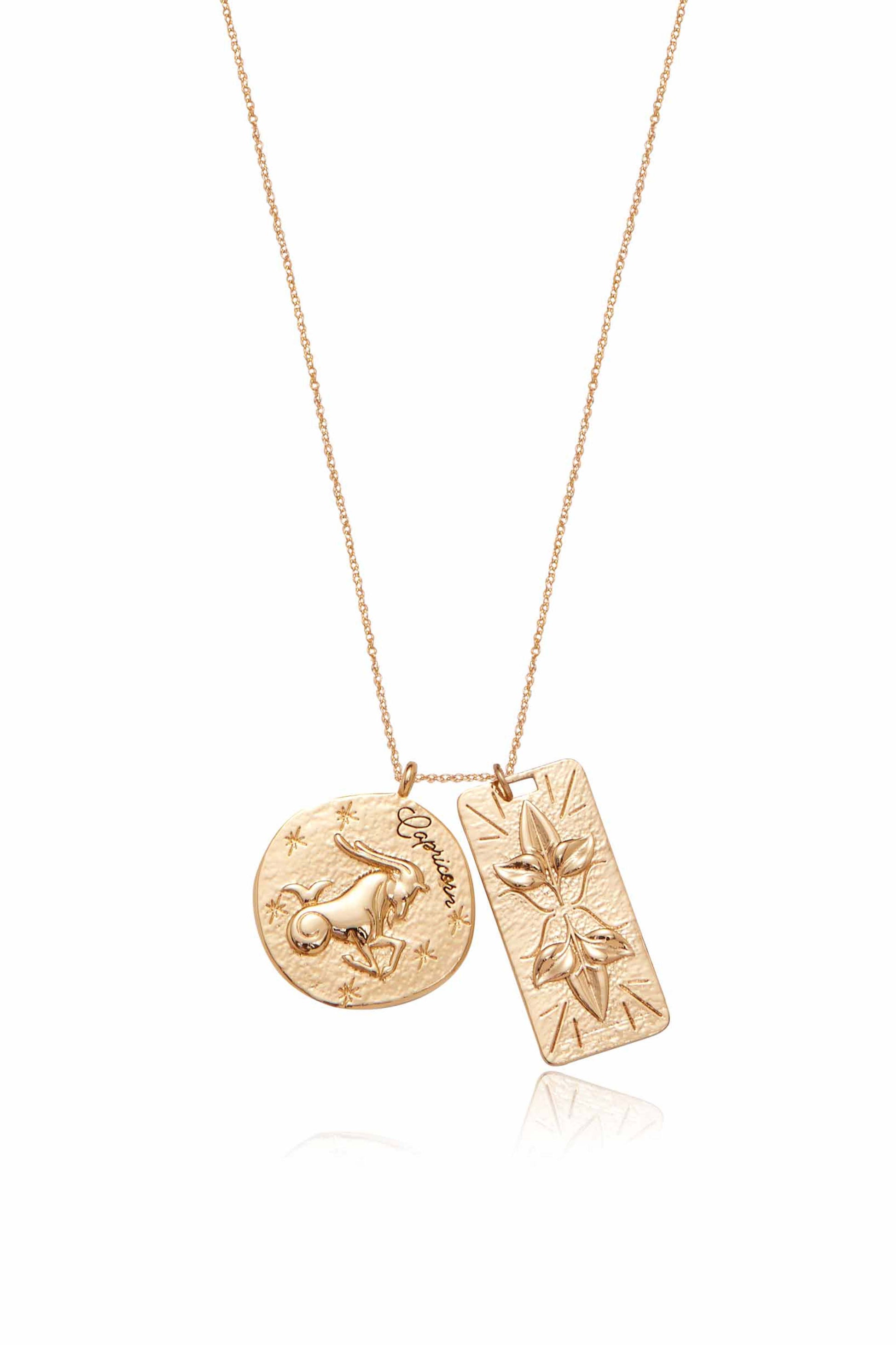 Zodiac Double Medallion 18k Gold Plated Necklace capricorn close up