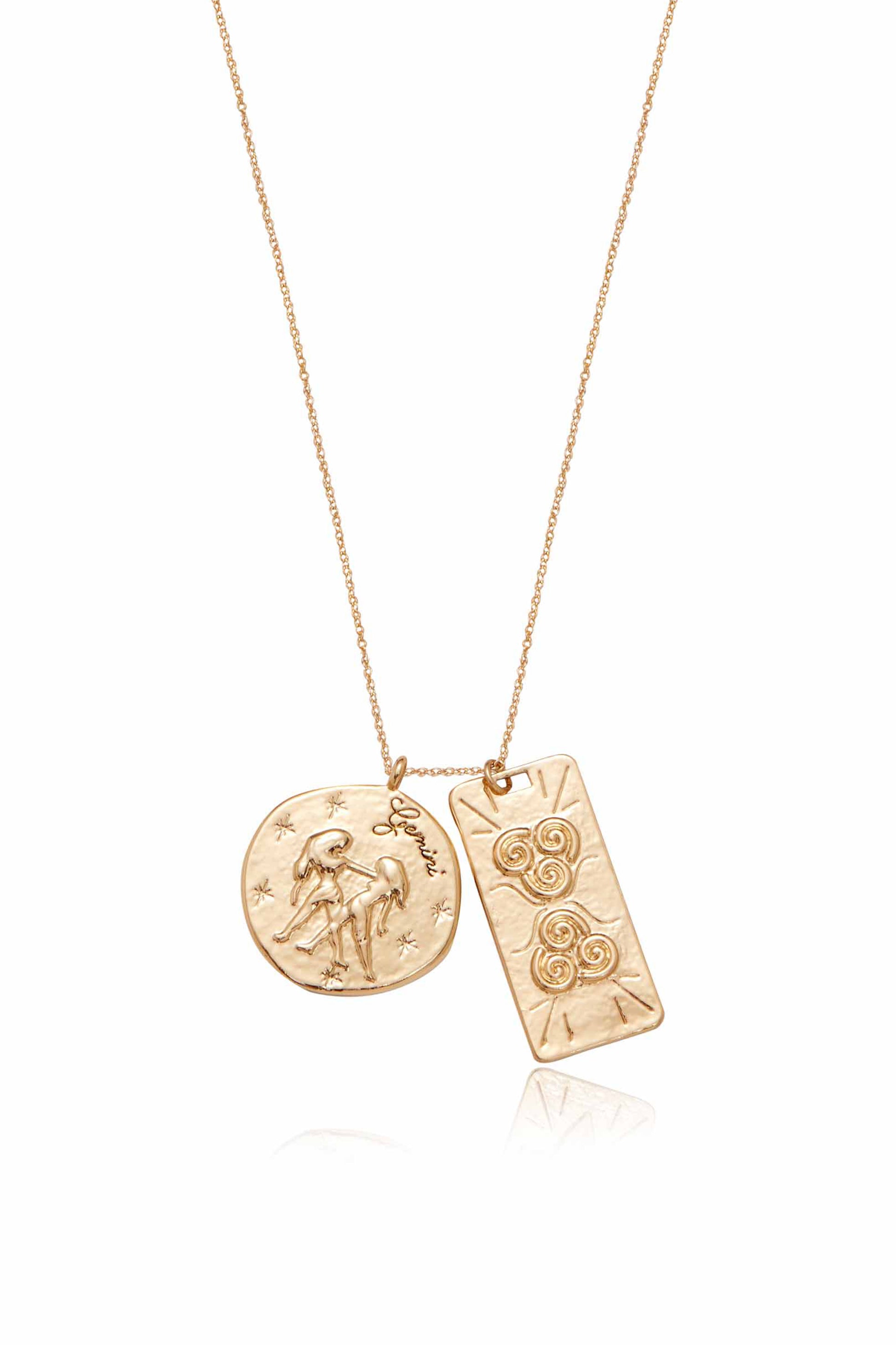 Zodiac Double Medallion 18k Gold Plated Necklace gemini close up