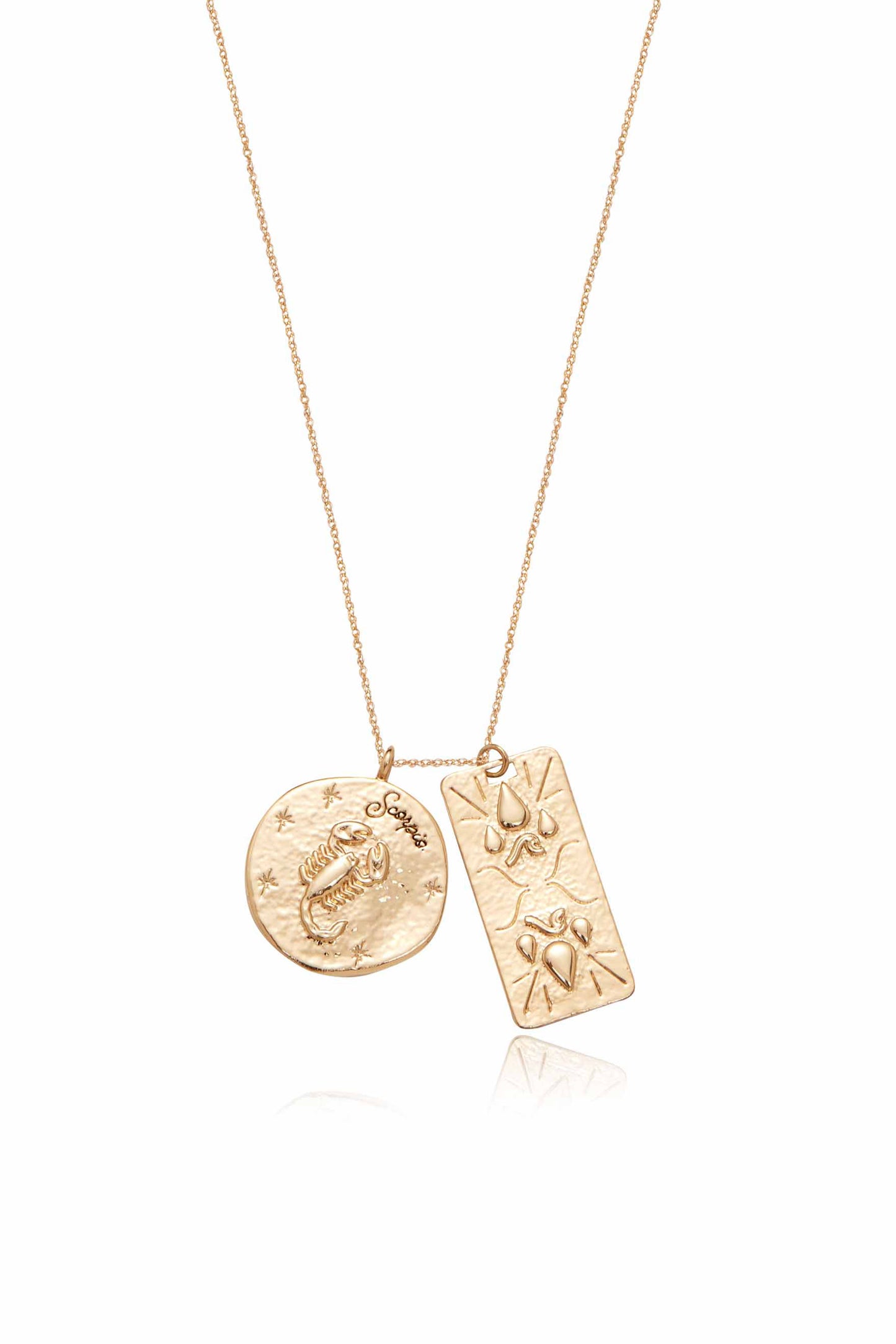 Zodiac Double Medallion 18k Gold Plated Necklace scorpio close up