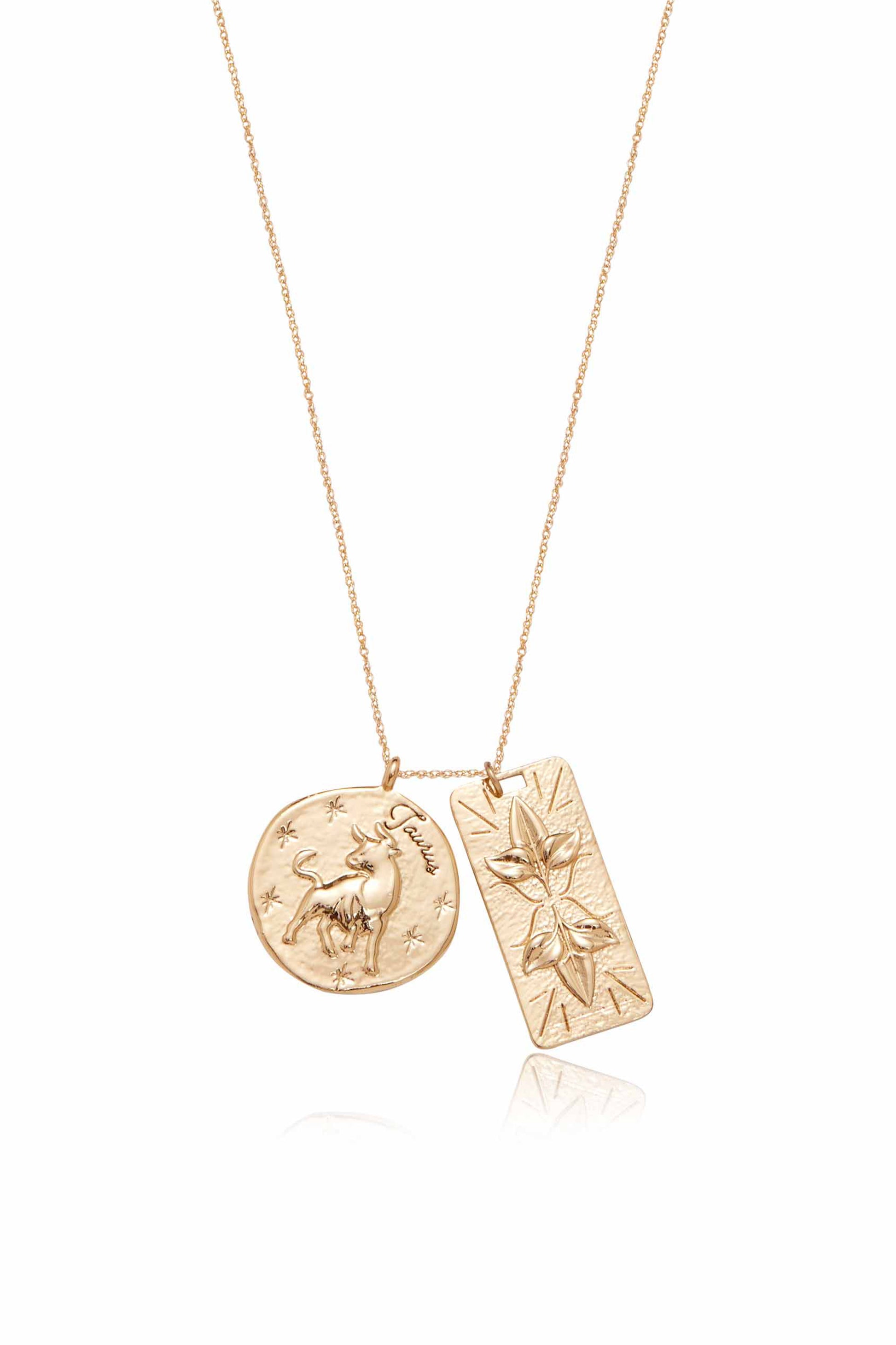 Zodiac Double Medallion 18k Gold Plated Necklace taurus close up