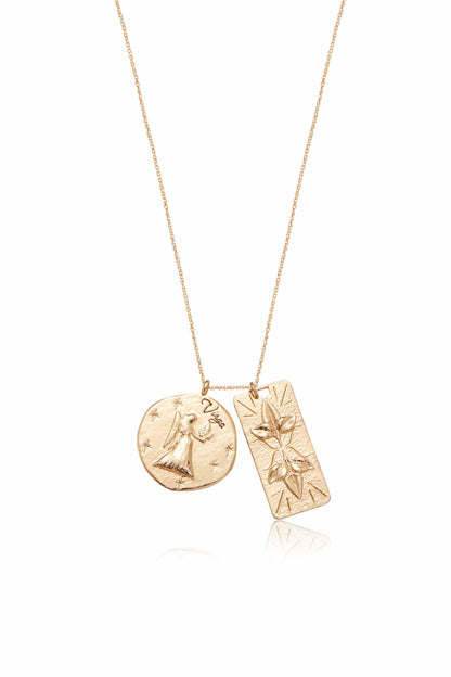 Zodiac Double Medallion 18k Gold Plated Necklace virgo close up